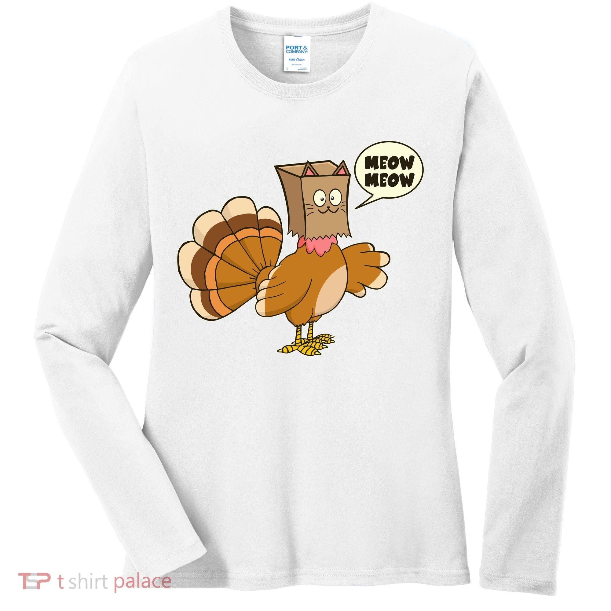 Funny Thanksgiving Turkey In Cat Face Paper Bag Women's Long Sleeve Shirt