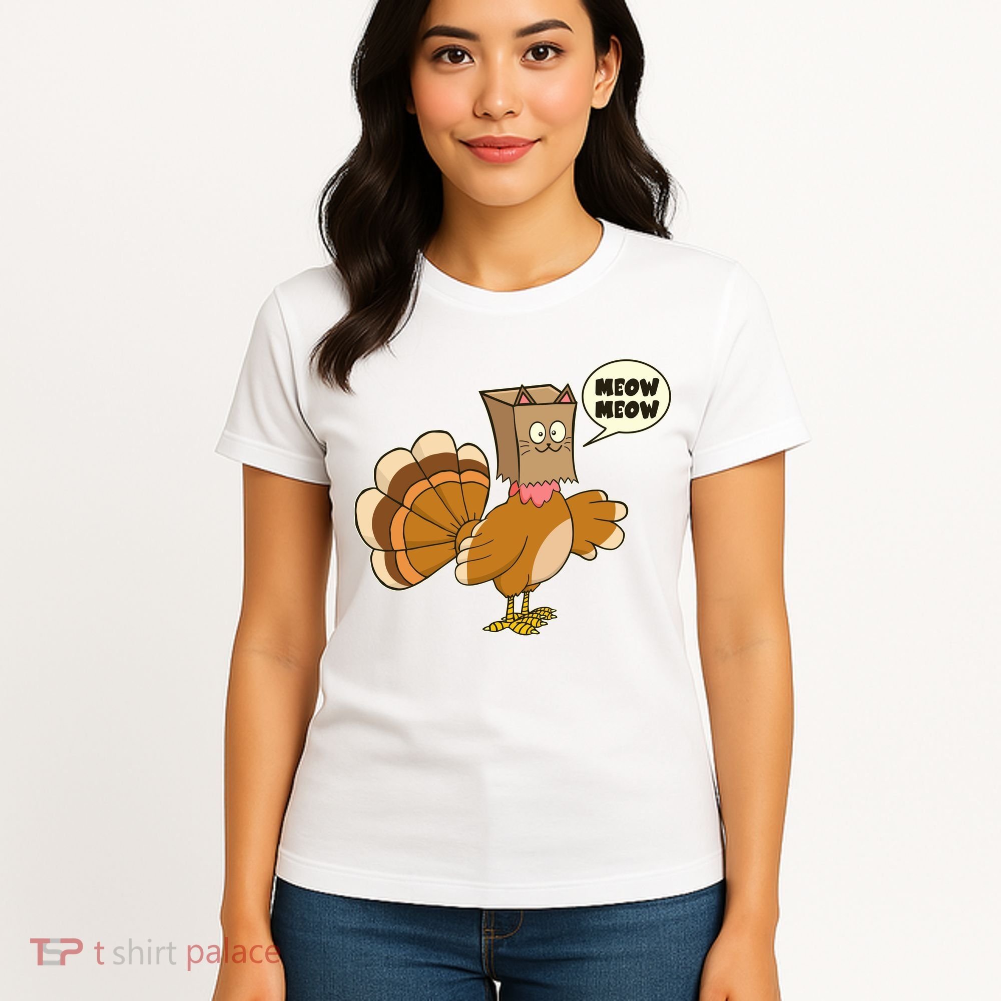 Funny Thanksgiving Turkey In Cat Face Paper Bag Women's T-Shirt