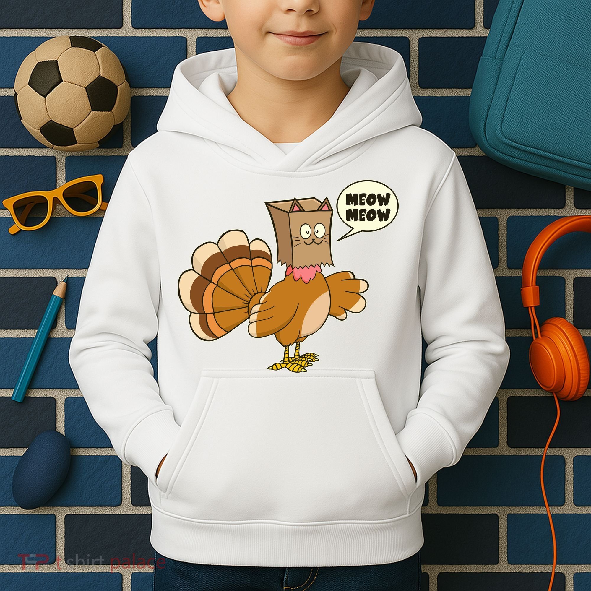 Funny Thanksgiving Turkey In Cat Face Paper Bag Kids Hoodie