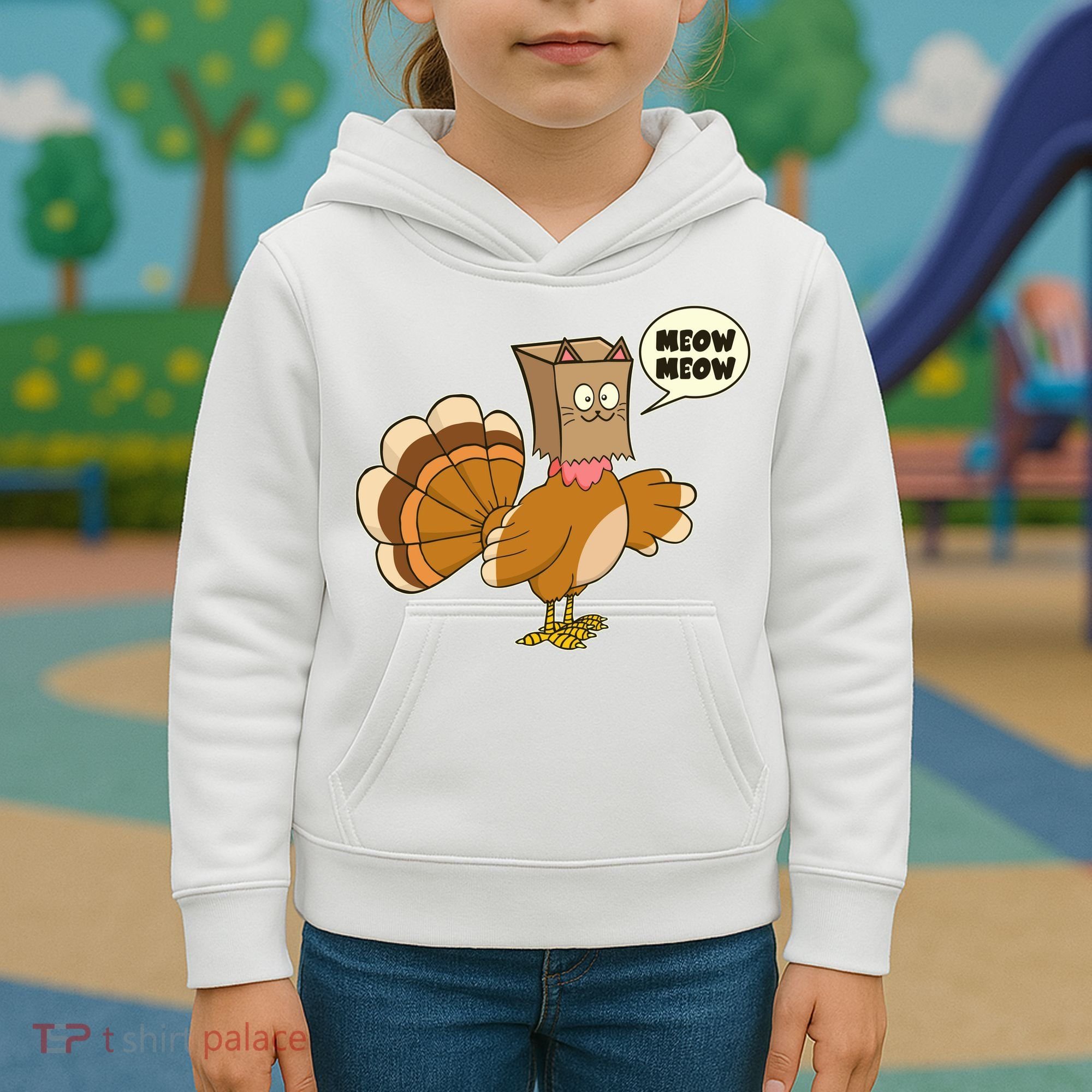 Funny Thanksgiving Turkey In Cat Face Paper Bag Kids Hoodie