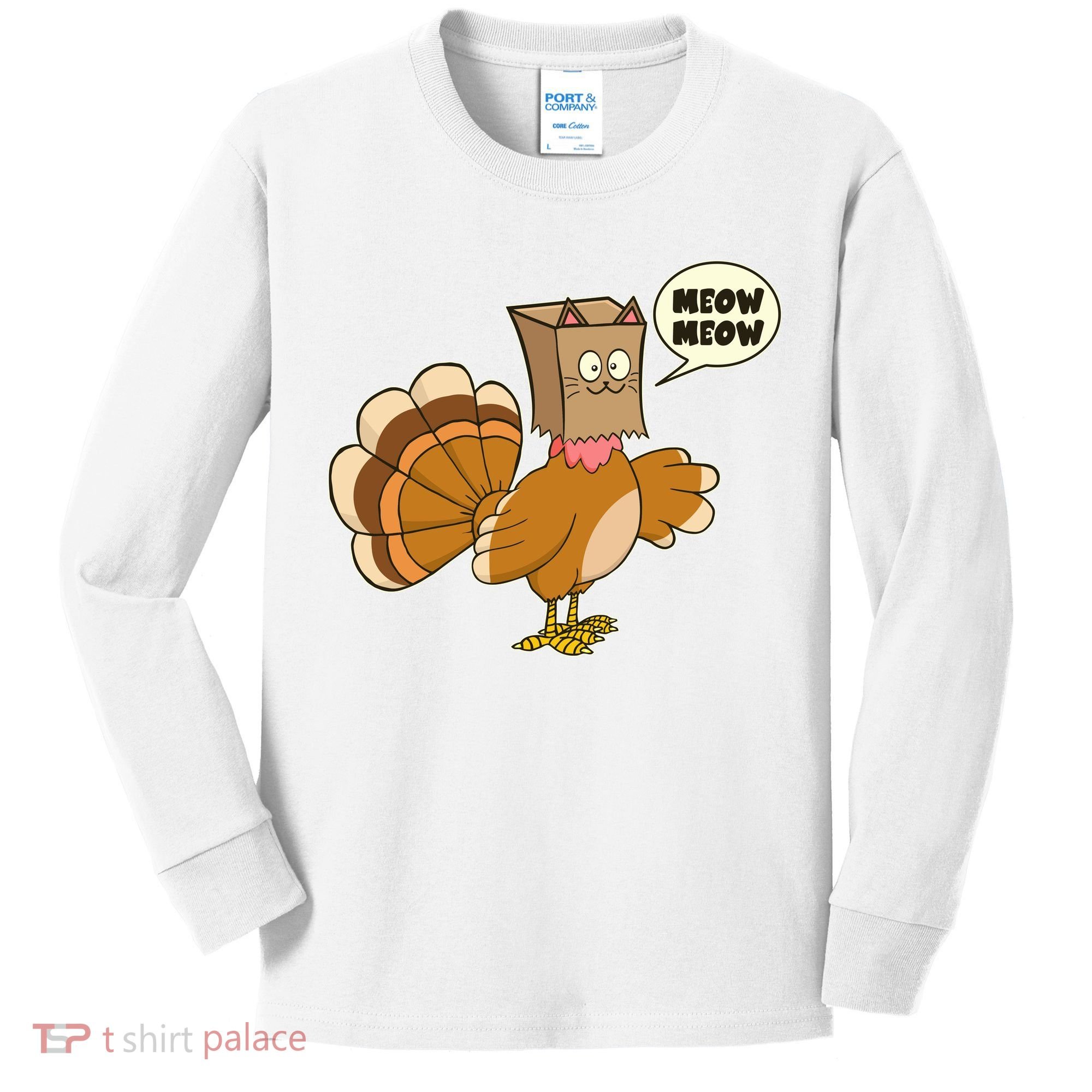 Funny Thanksgiving Turkey In Cat Face Paper Bag Kids Long Sleeve Shirt