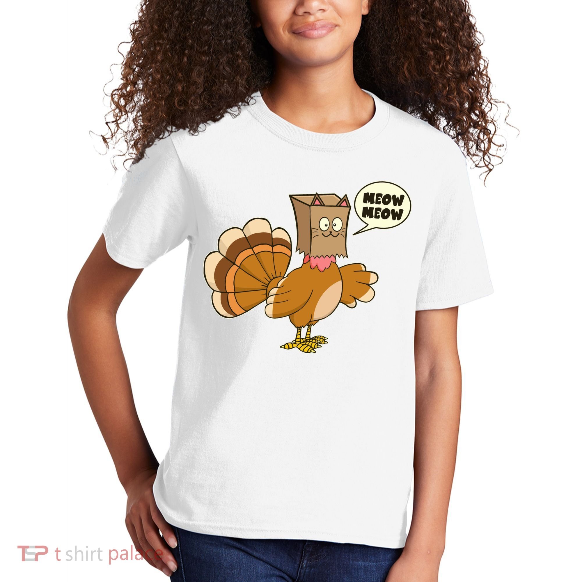 Funny Thanksgiving Turkey In Cat Face Paper Bag Kids T-Shirt