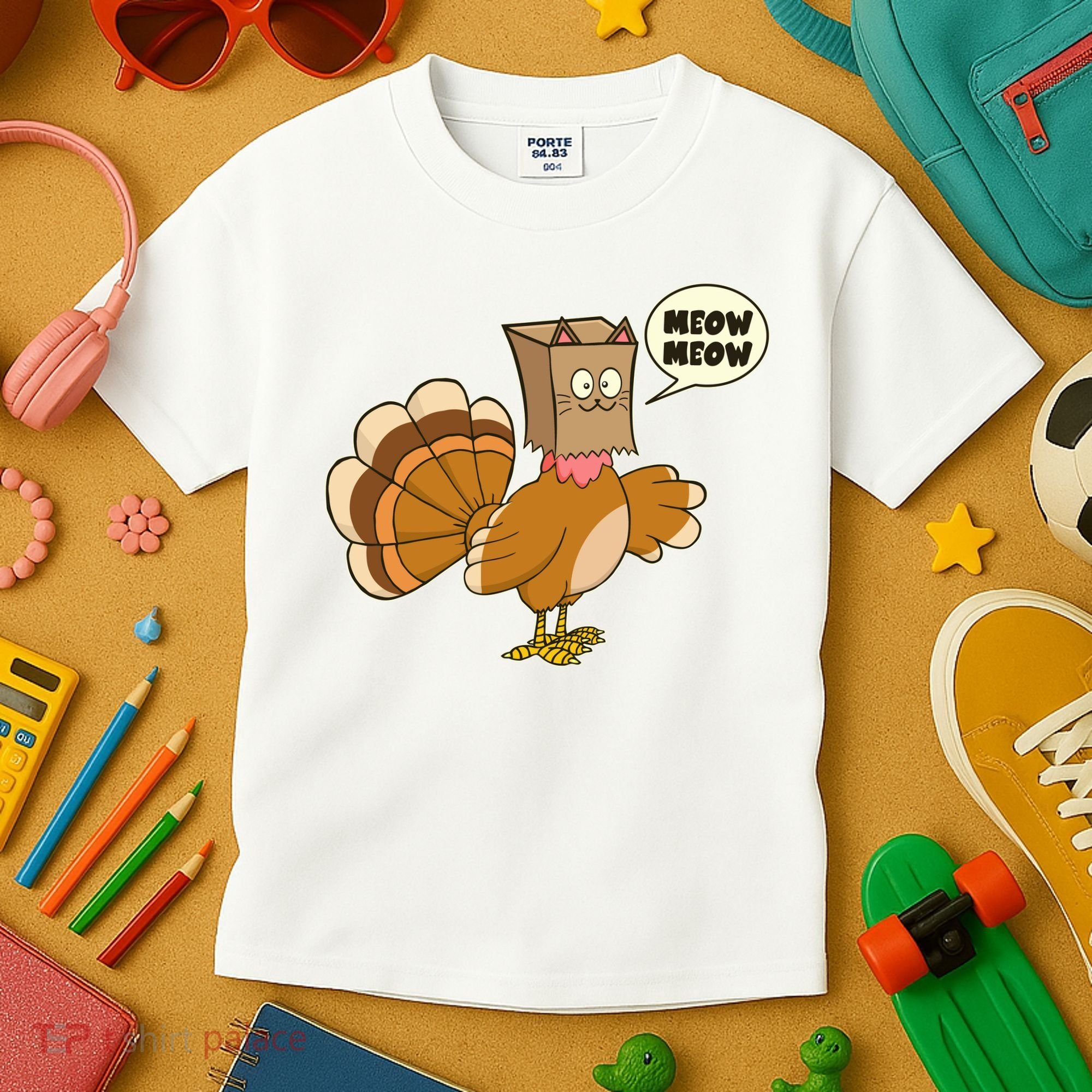 Funny Thanksgiving Turkey In Cat Face Paper Bag Kids T-Shirt