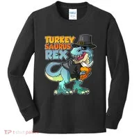 Funny Thanksgiving Turkey Saurus Rex Kids Long Sleeve Shirt thumb 0