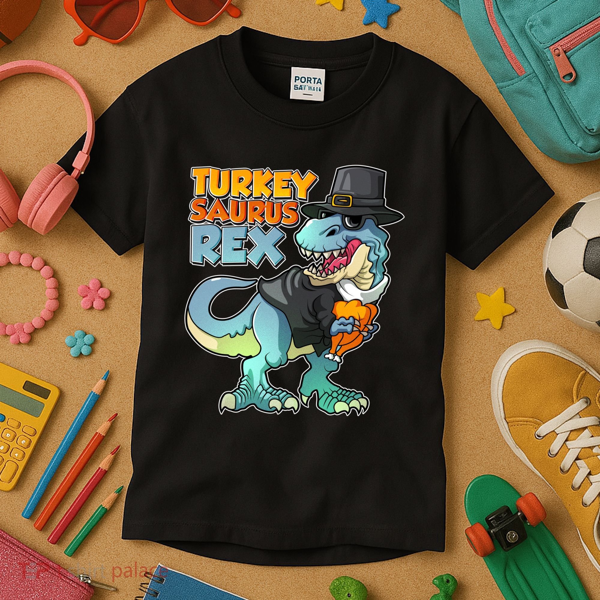 Funny Thanksgiving Turkey Saurus Rex Kids T-Shirt