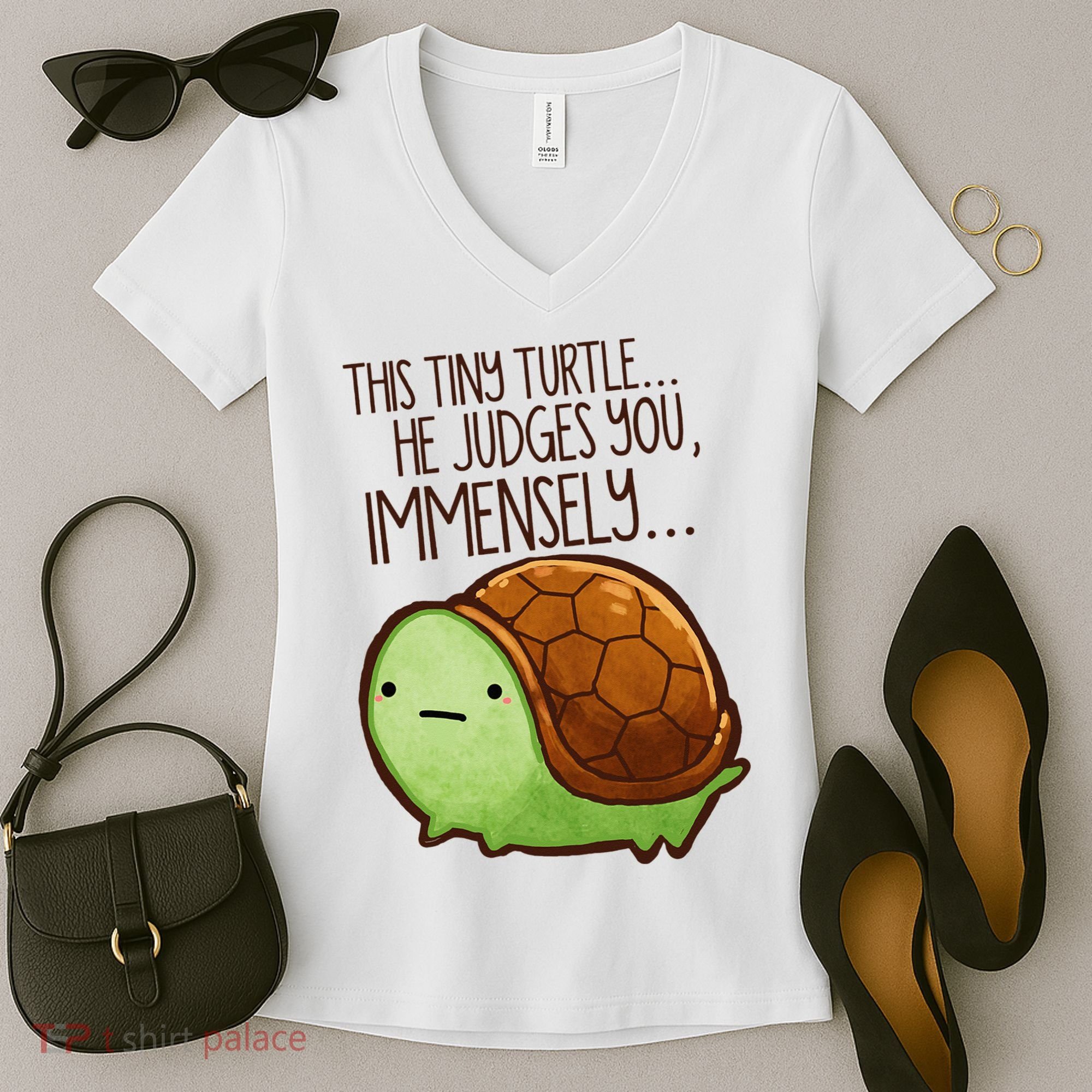 Funny This Tiny Turtle... He Judges You, Immensely. Women's V-Neck T-Shirt
