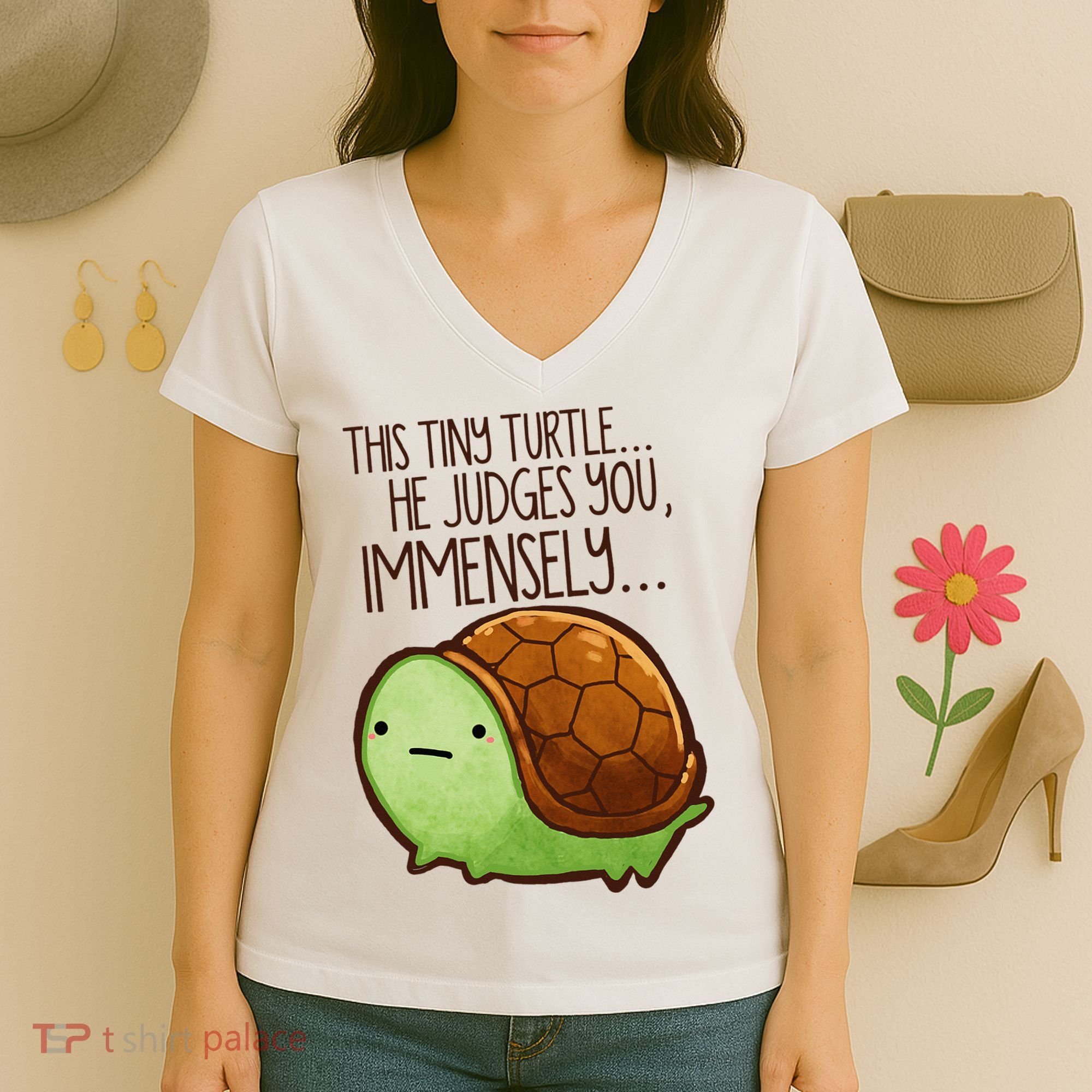 Funny This Tiny Turtle... He Judges You, Immensely. Women's V-Neck T-Shirt