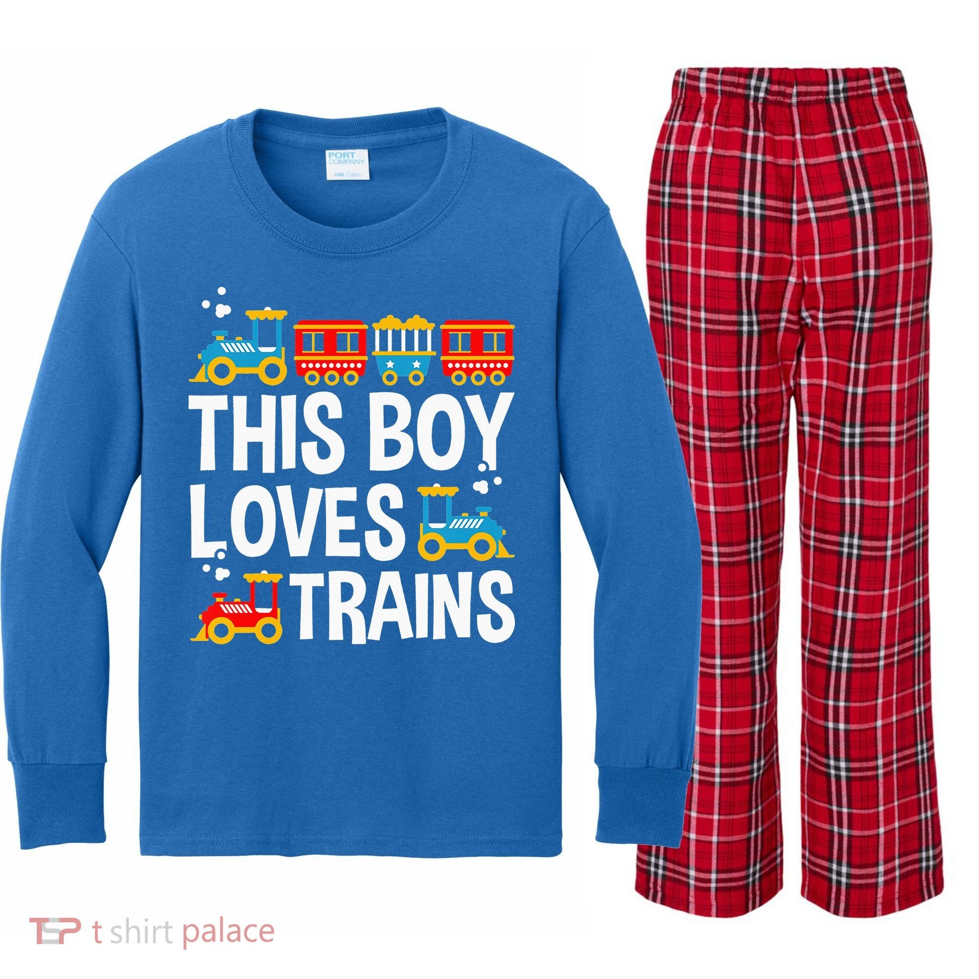 Funny Train This Boy Loves Trains Kids Long Sleeve Plaid Pajama Set