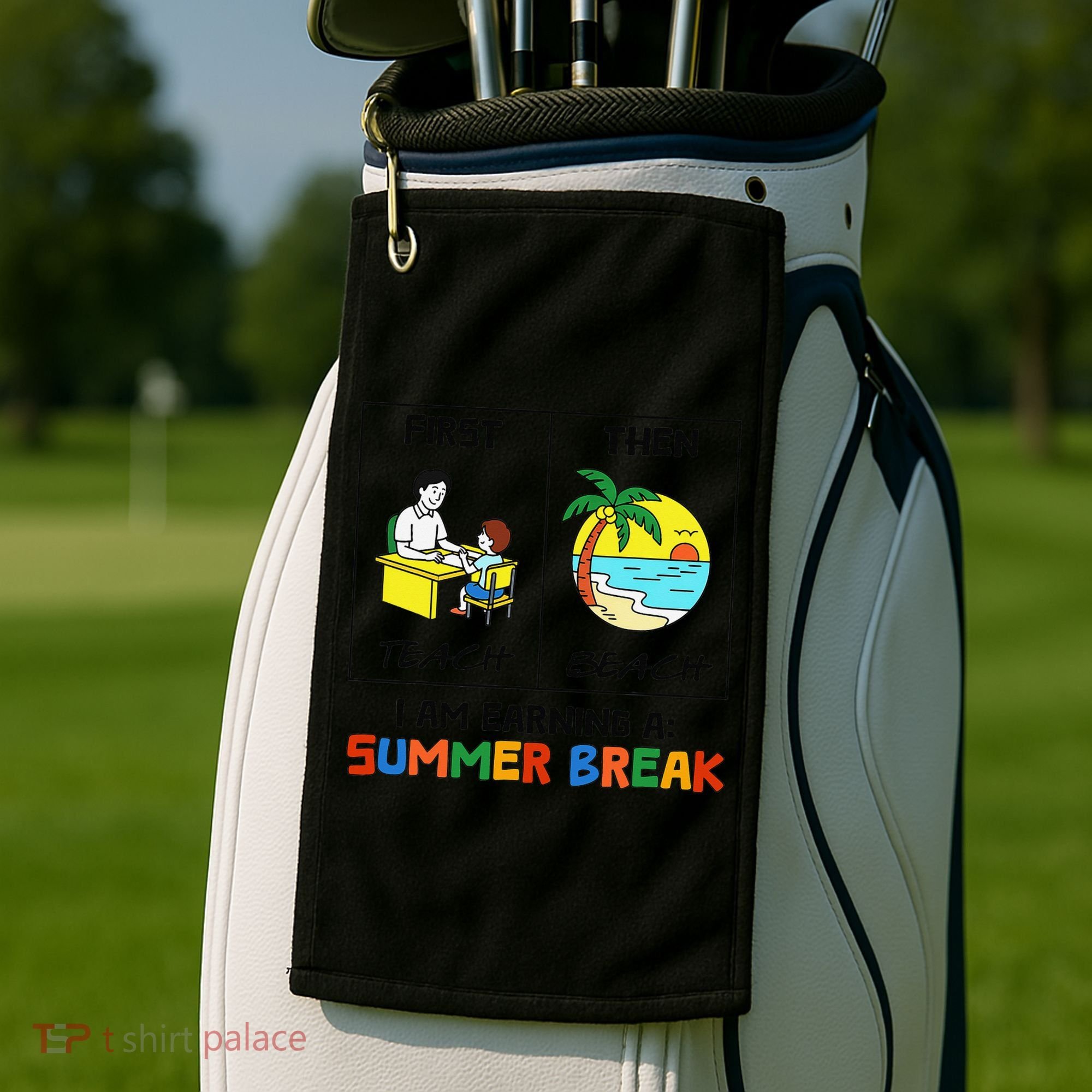 First Teach Then Beach Im Earning A Summer Break Teacher Golf Towel