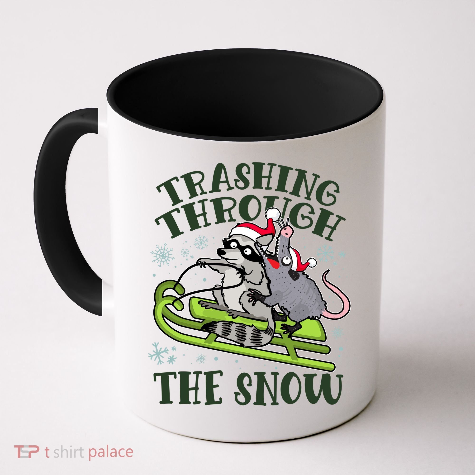 Funny Trashing Through The Snow Sleding Raccoon And Opossum Coffee Mug