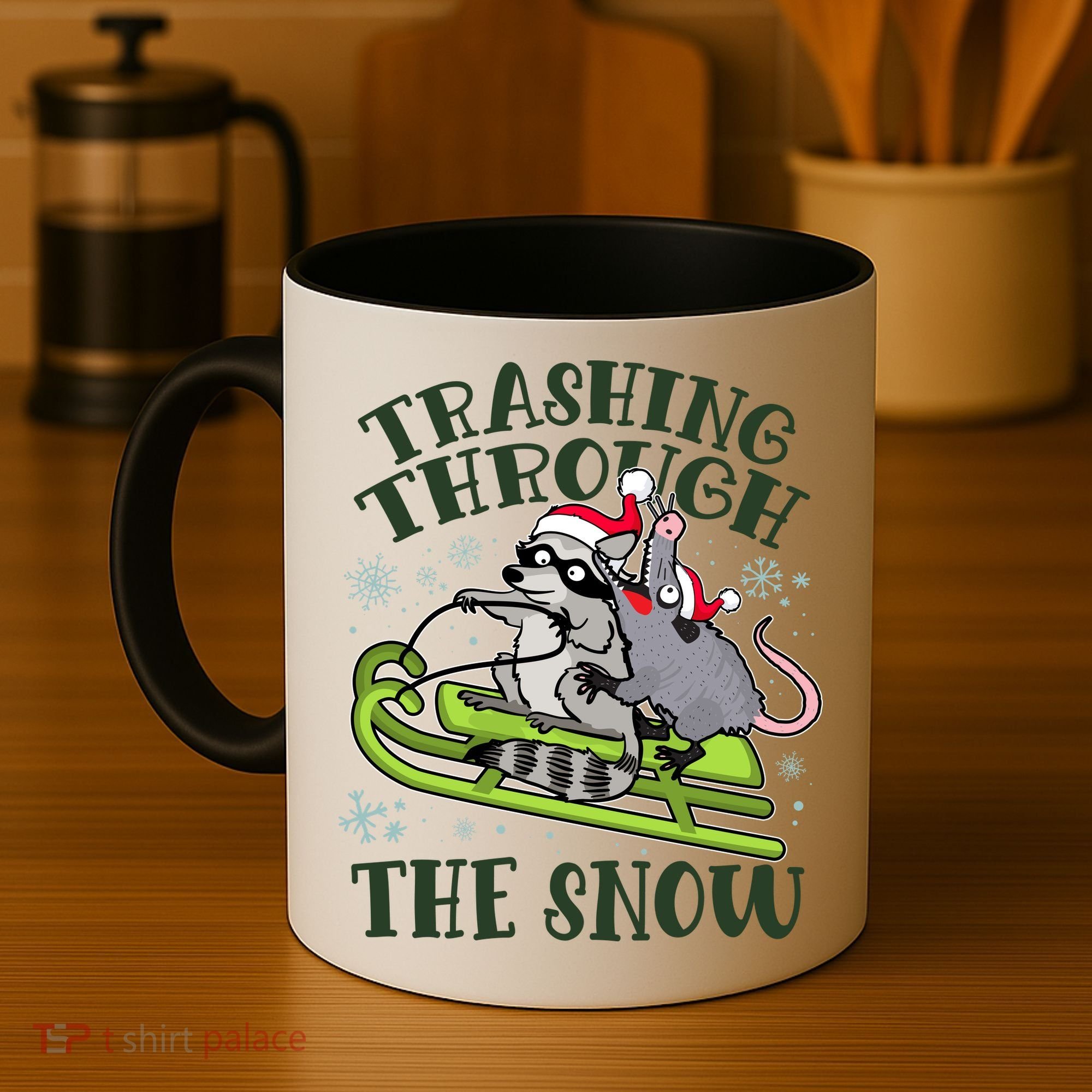 Funny Trashing Through The Snow Sleding Raccoon And Opossum Coffee Mug