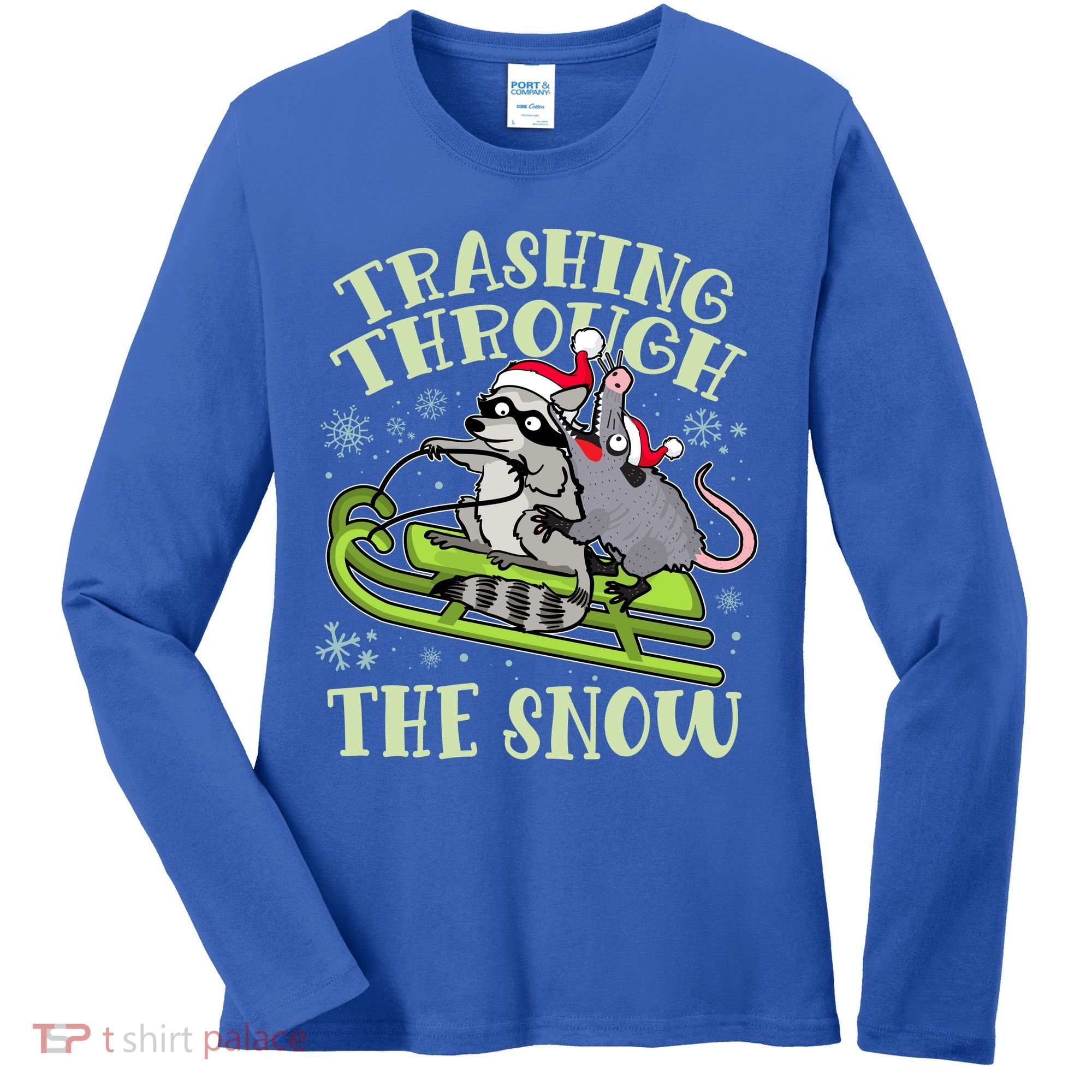 Funny Trashing Through The Snow Sleding Raccoon And Opossum Women's Long Sleeve Shirt