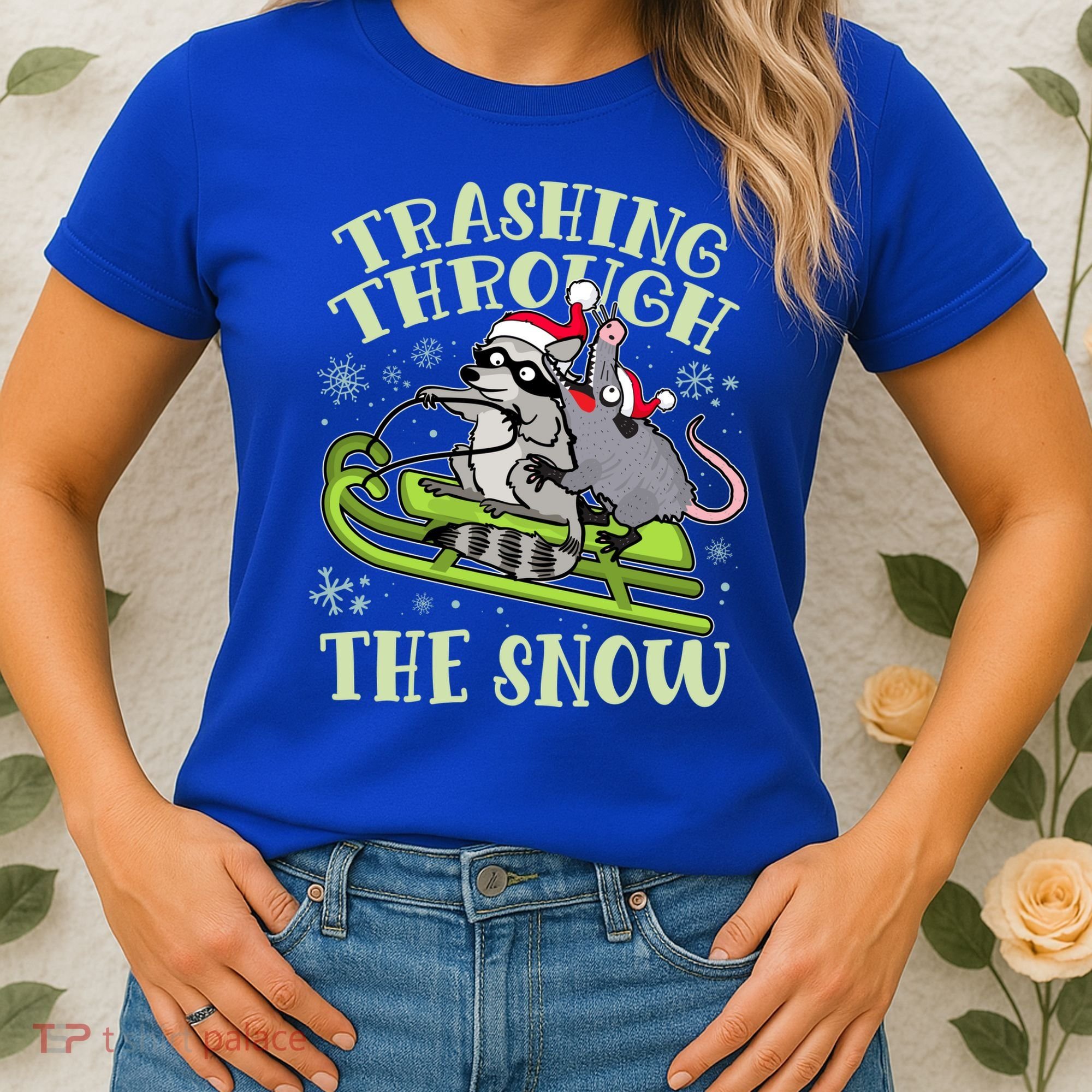 Funny Trashing Through The Snow Sleding Raccoon And Opossum Women's T-Shirt