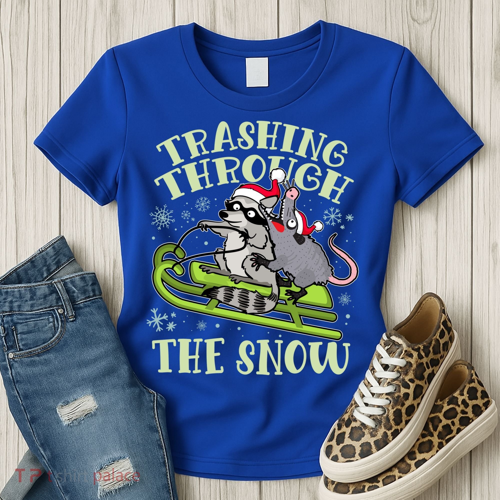 Funny Trashing Through The Snow Sleding Raccoon And Opossum Women's T-Shirt