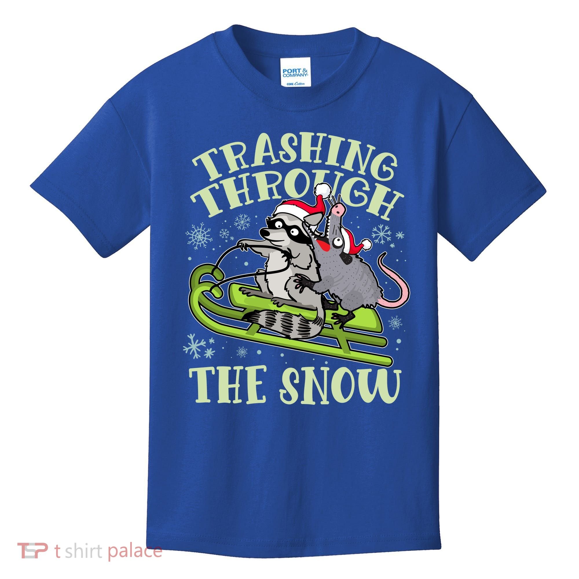 Funny Trashing Through The Snow Sleding Raccoon And Opossum Kids T-Shirt
