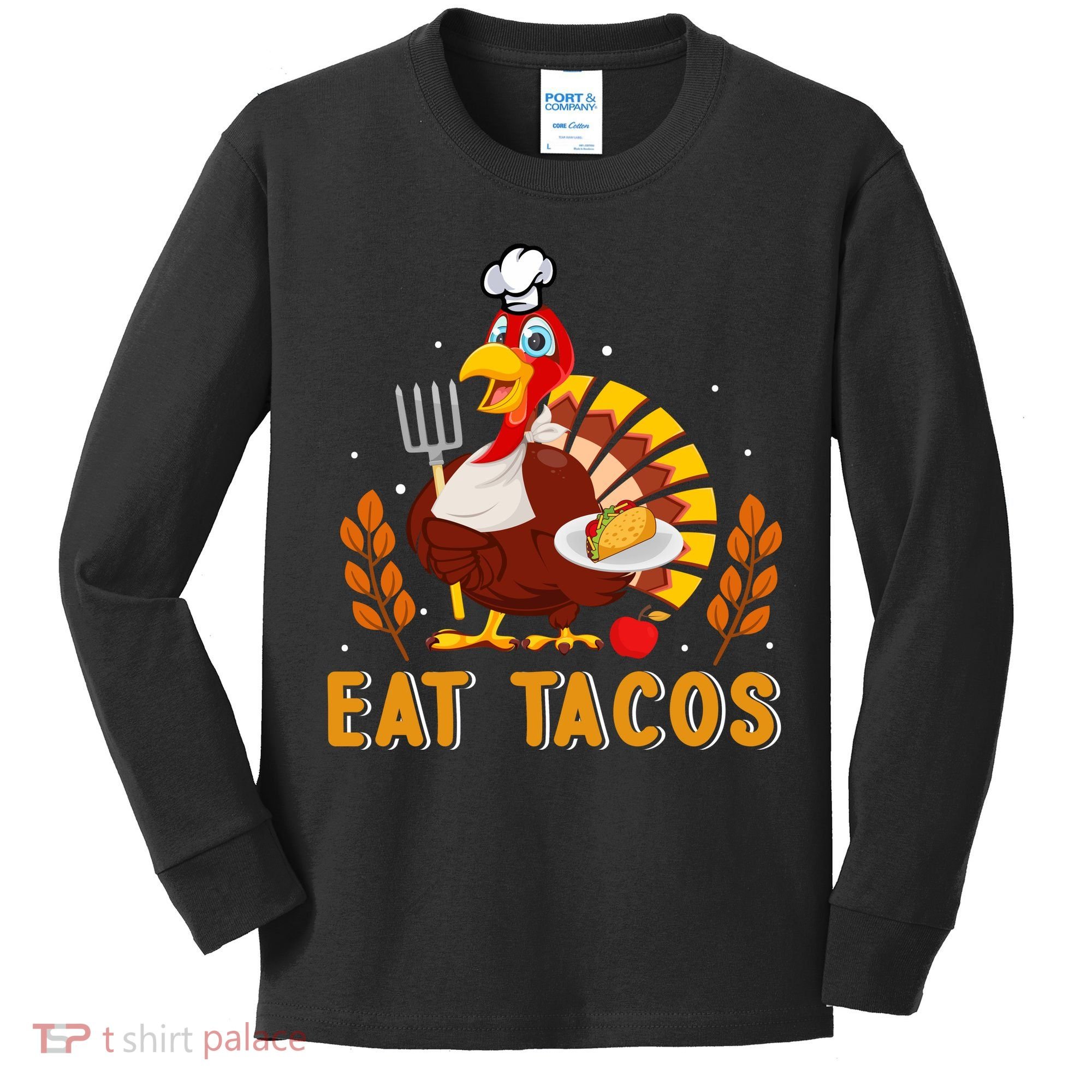 Funny Thanksgiving Turkey Eat Tacos Kids Long Sleeve Shirt