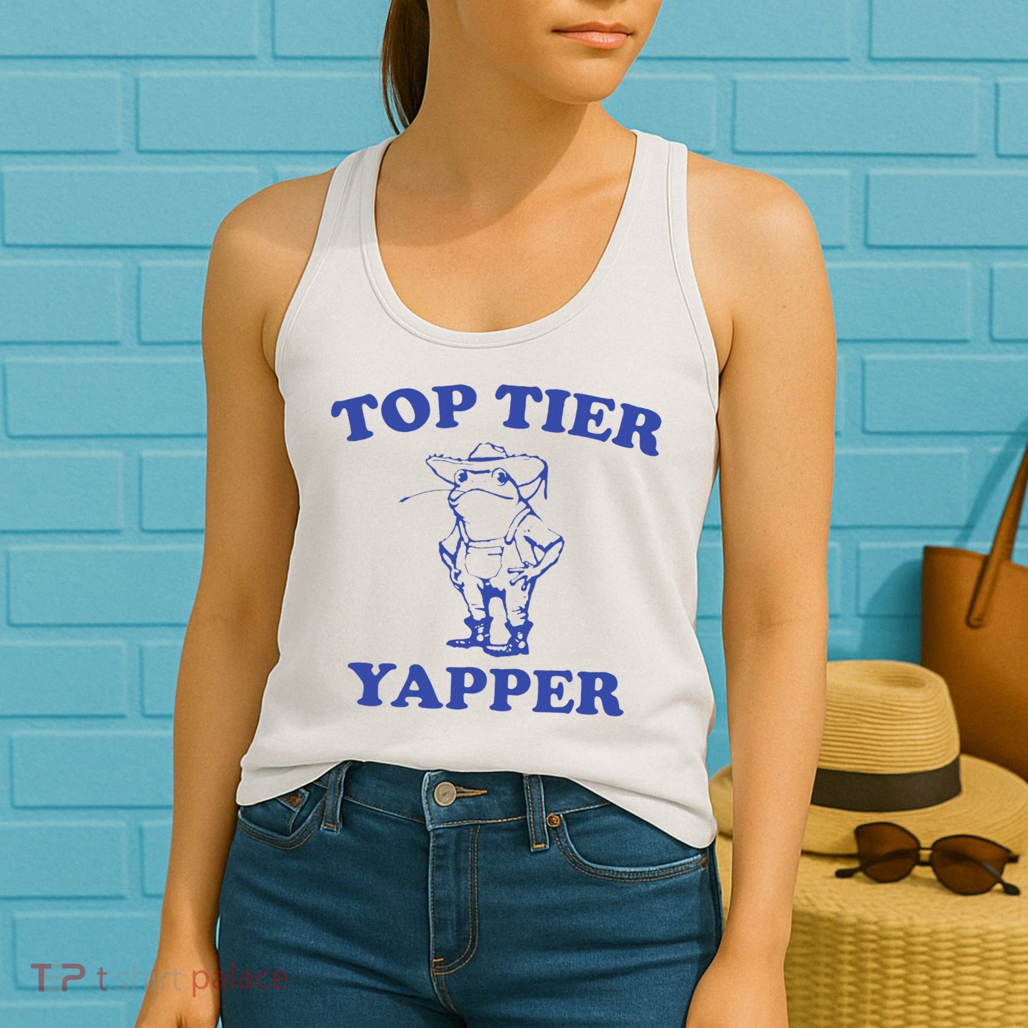 Funny Top Tier Yapper Funny Meme Cowboy Frog Yapping Quote Women's Tank Top