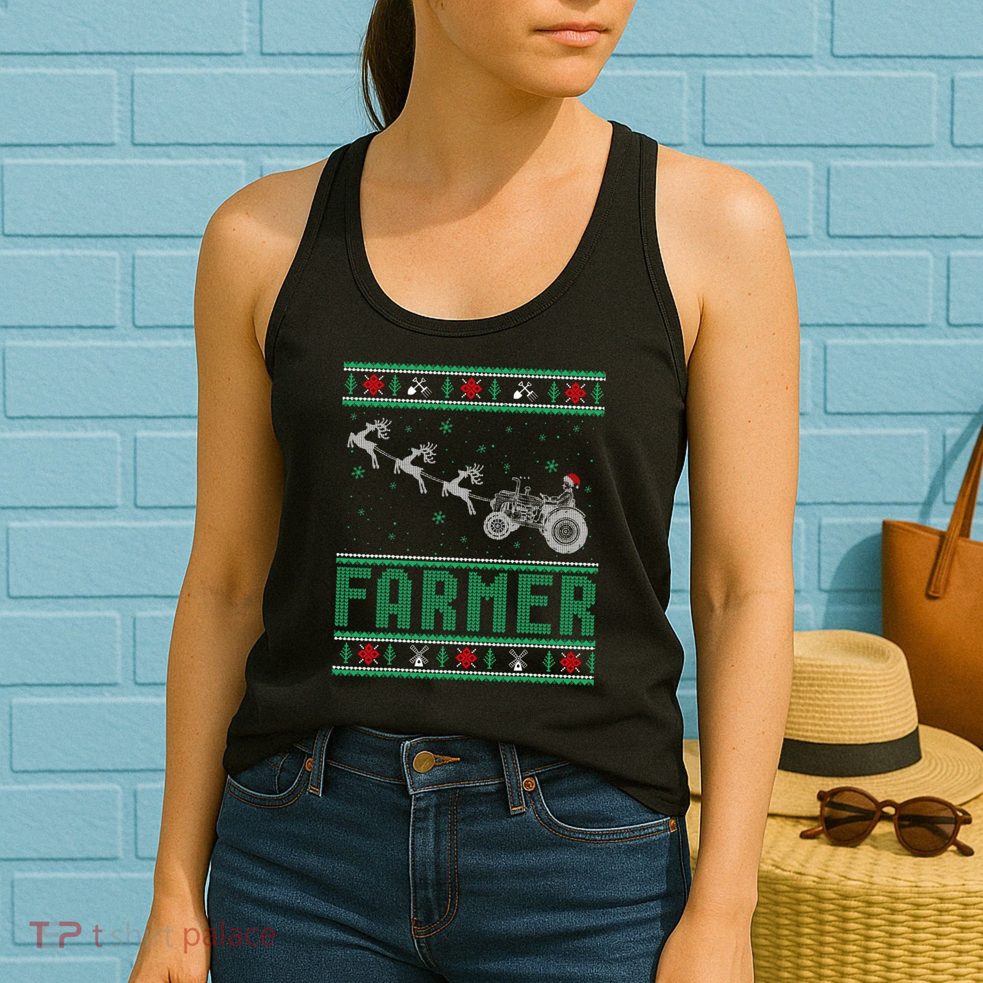 Farmer Tractors Ugly Christmas Xmas Sweater Women's Tank Top