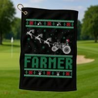 Farmer Tractors Ugly Christmas Xmas Sweater Golf Towel thumb 1
