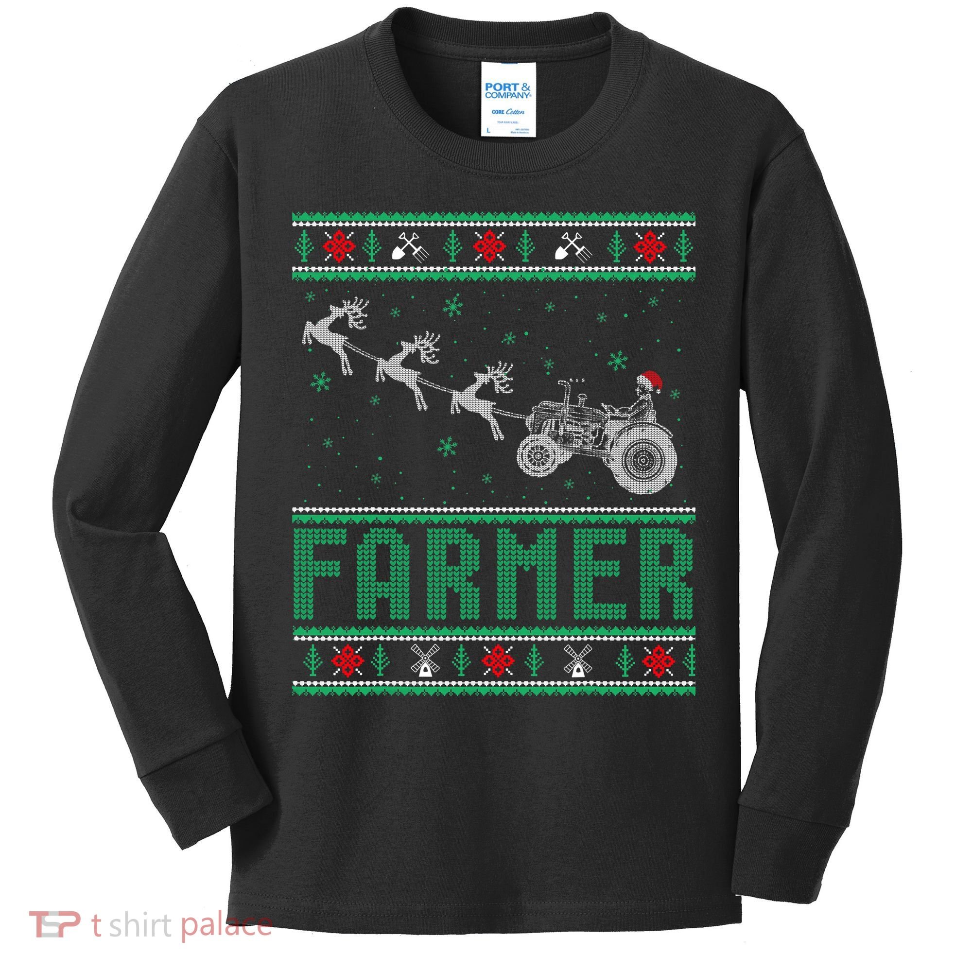 Farmer Tractors Ugly Christmas Xmas Sweater Kids Long Sleeve Shirt