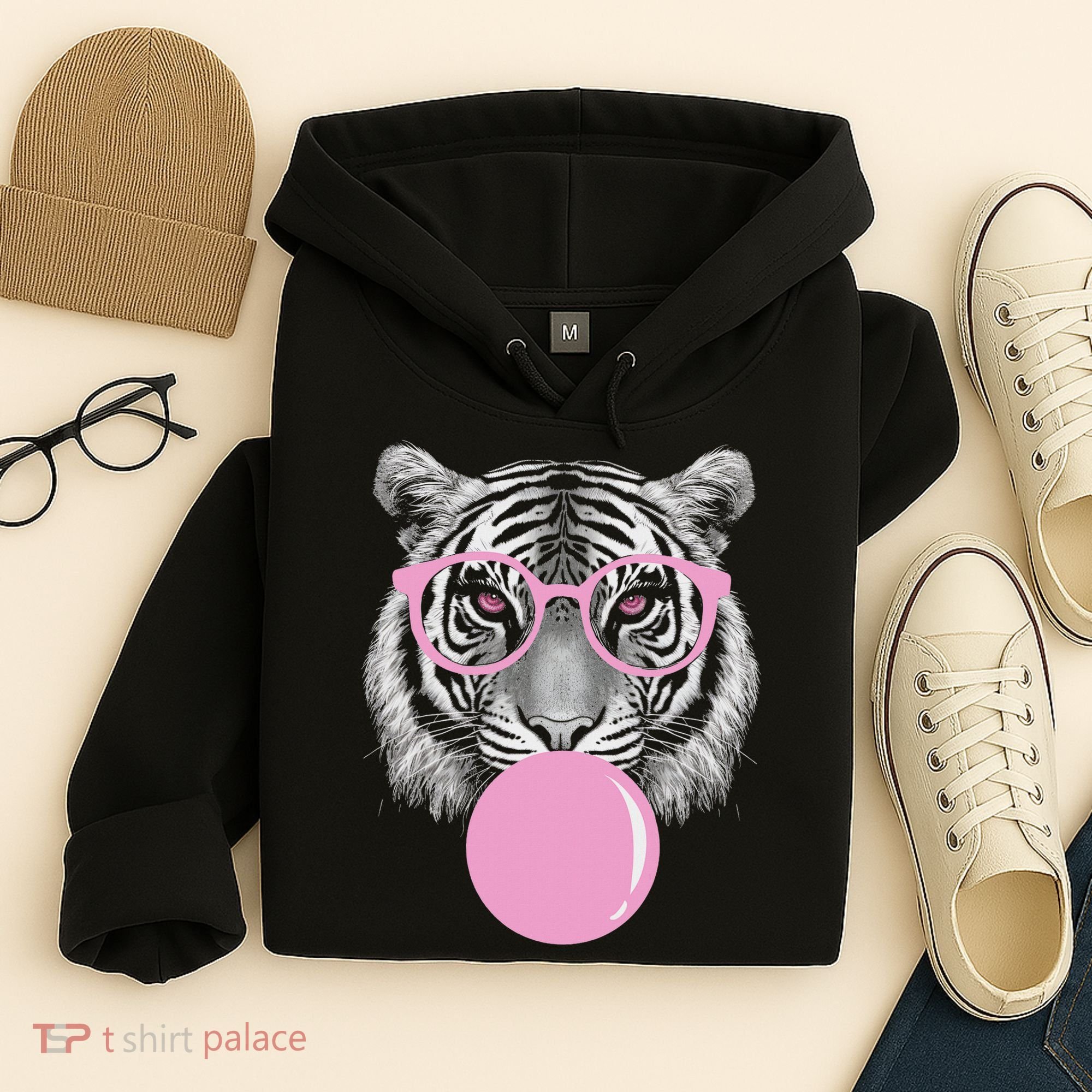 Funny Tiger Wearing Glasses And Blowing Hoodie