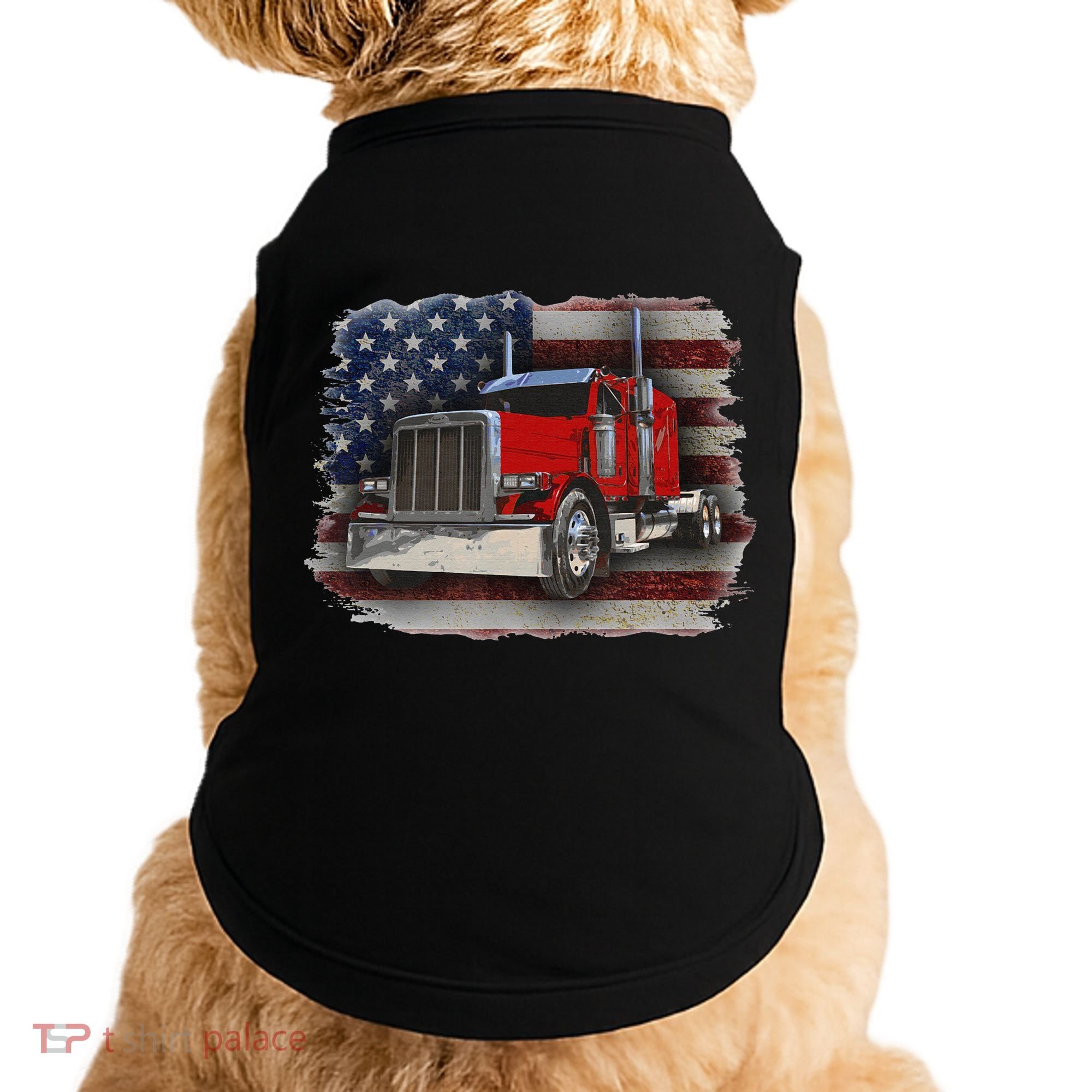 Funny Trucker  with American Flag and Big Rig Doggie Tank