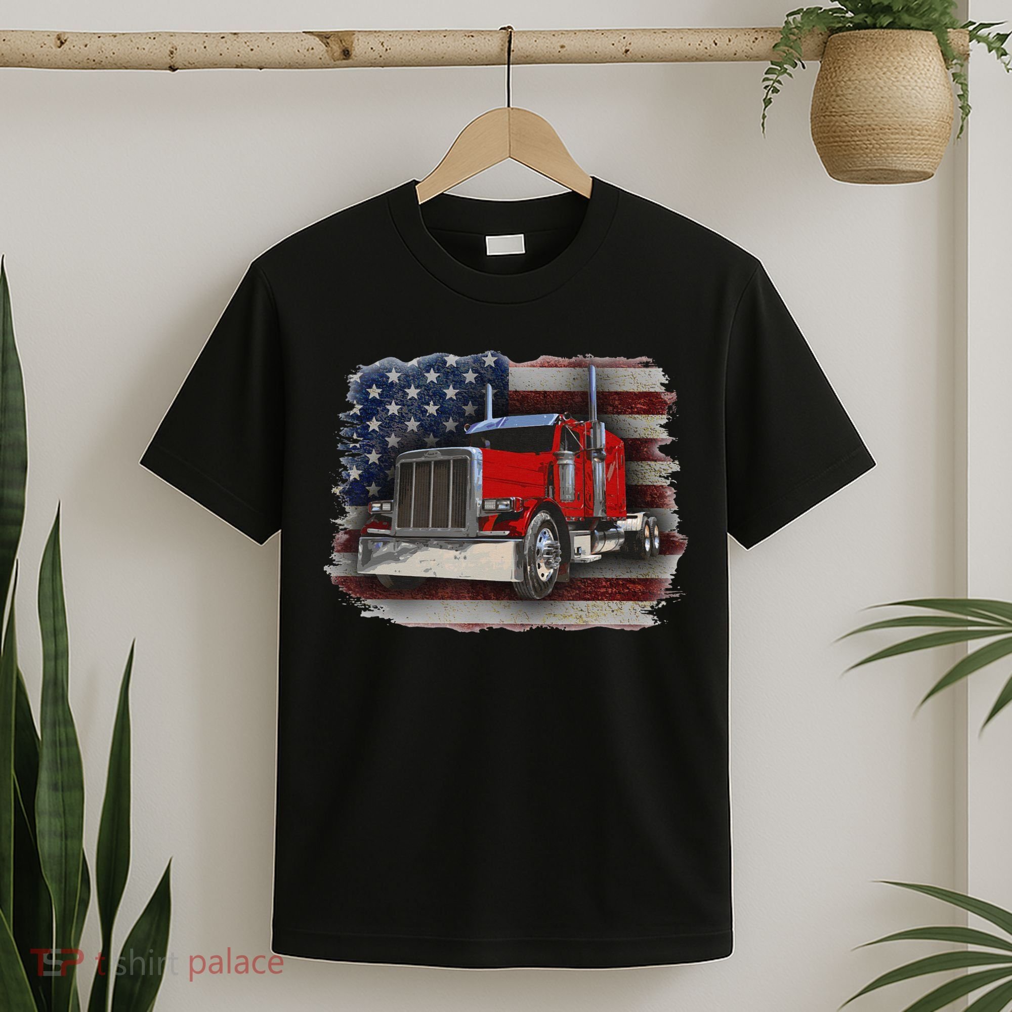 Funny Trucker  with American Flag and Big Rig T-Shirt