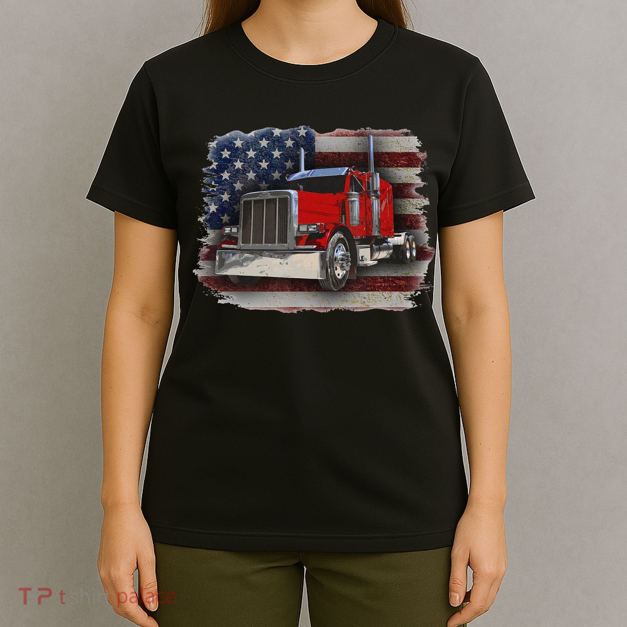 Funny Trucker  with American Flag and Big Rig T-Shirt