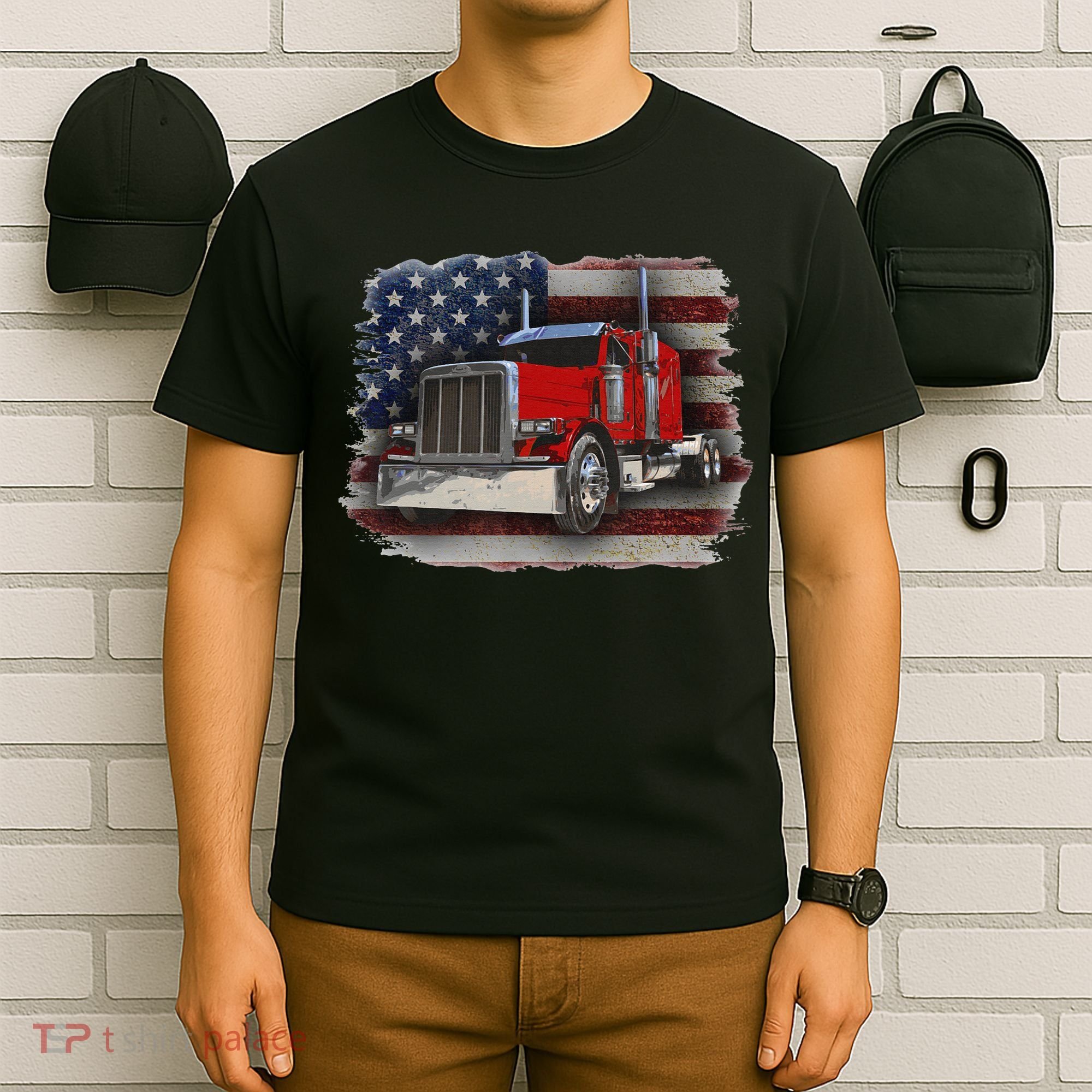 Funny Trucker  with American Flag and Big Rig T-Shirt