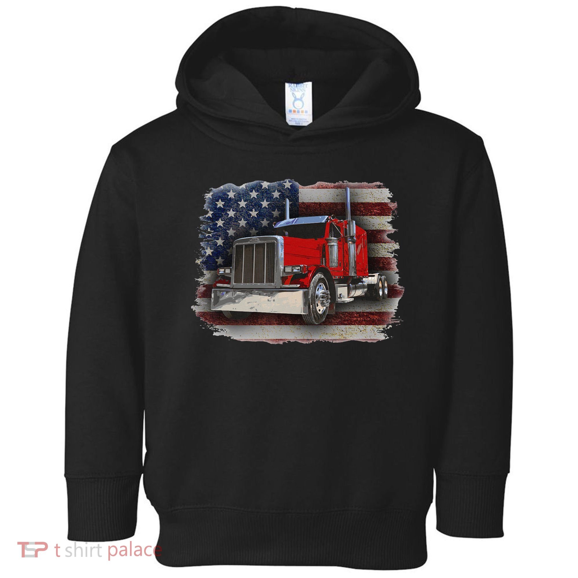 Funny Trucker  with American Flag and Big Rig Toddler Hoodie