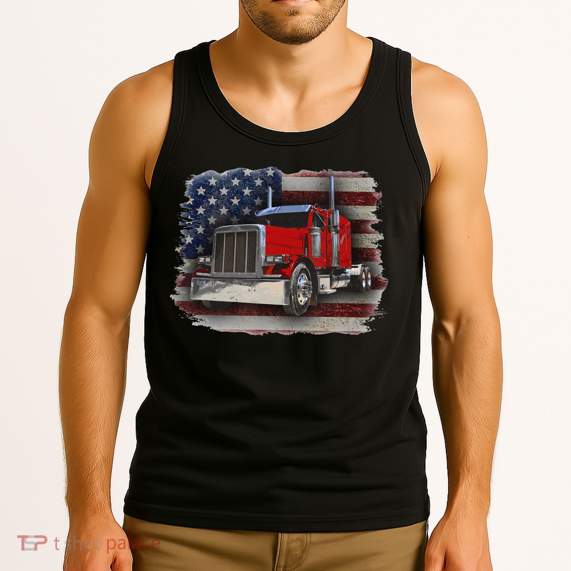 Funny Trucker  with American Flag and Big Rig Tank Top