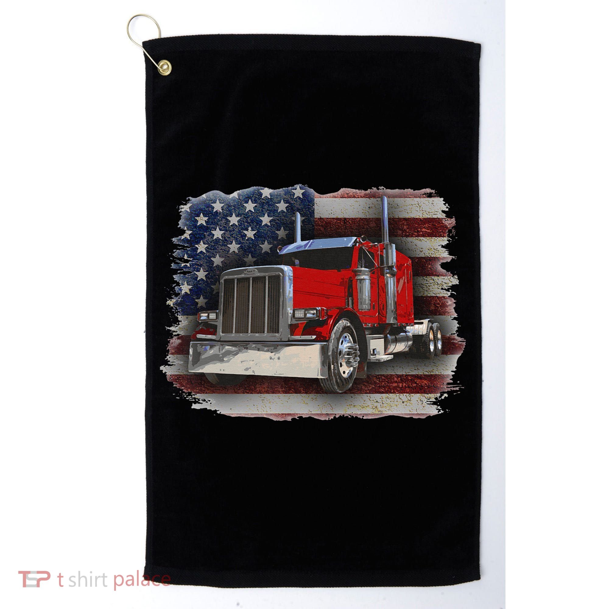 Funny Trucker  with American Flag and Big Rig Golf Towel
