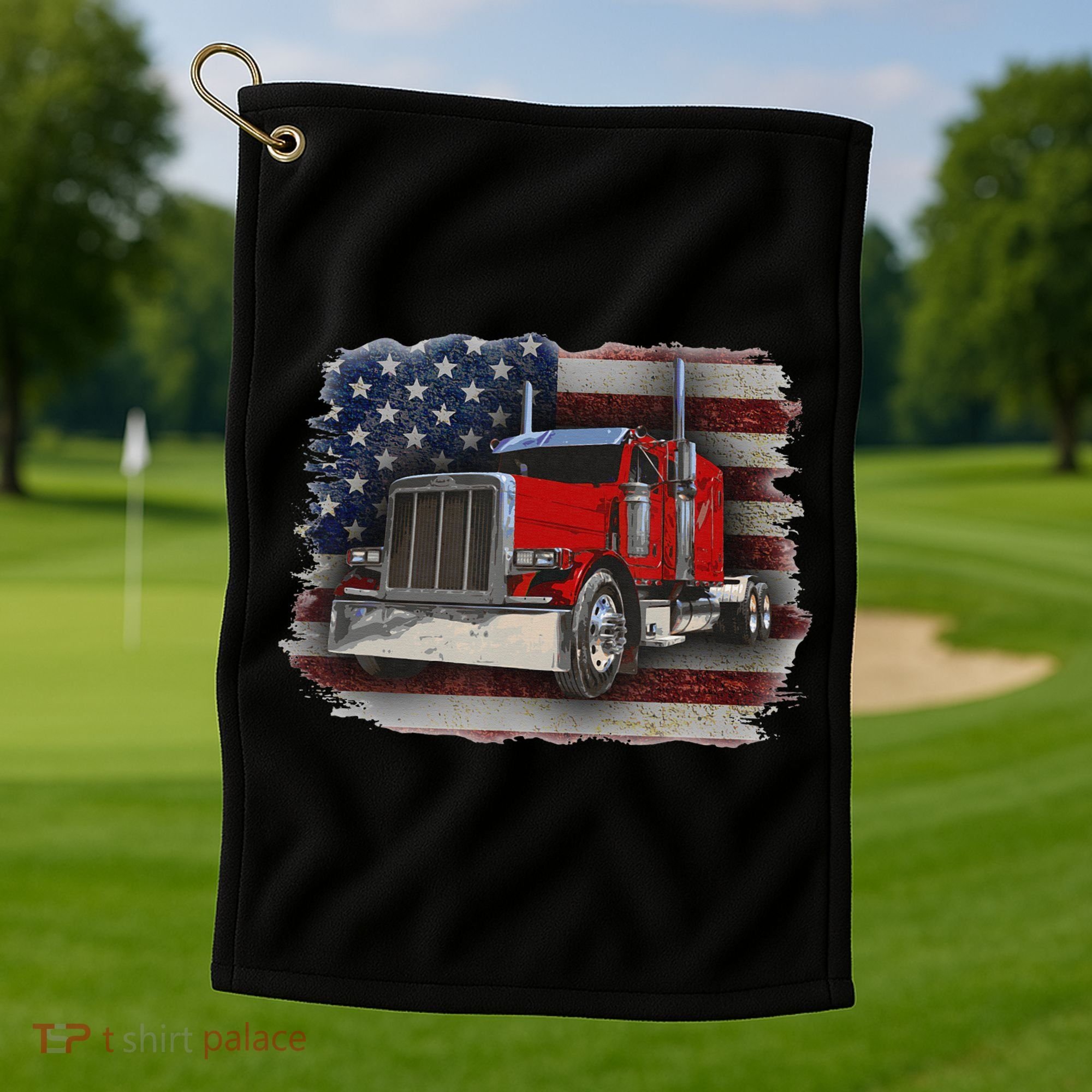 Funny Trucker  with American Flag and Big Rig Golf Towel