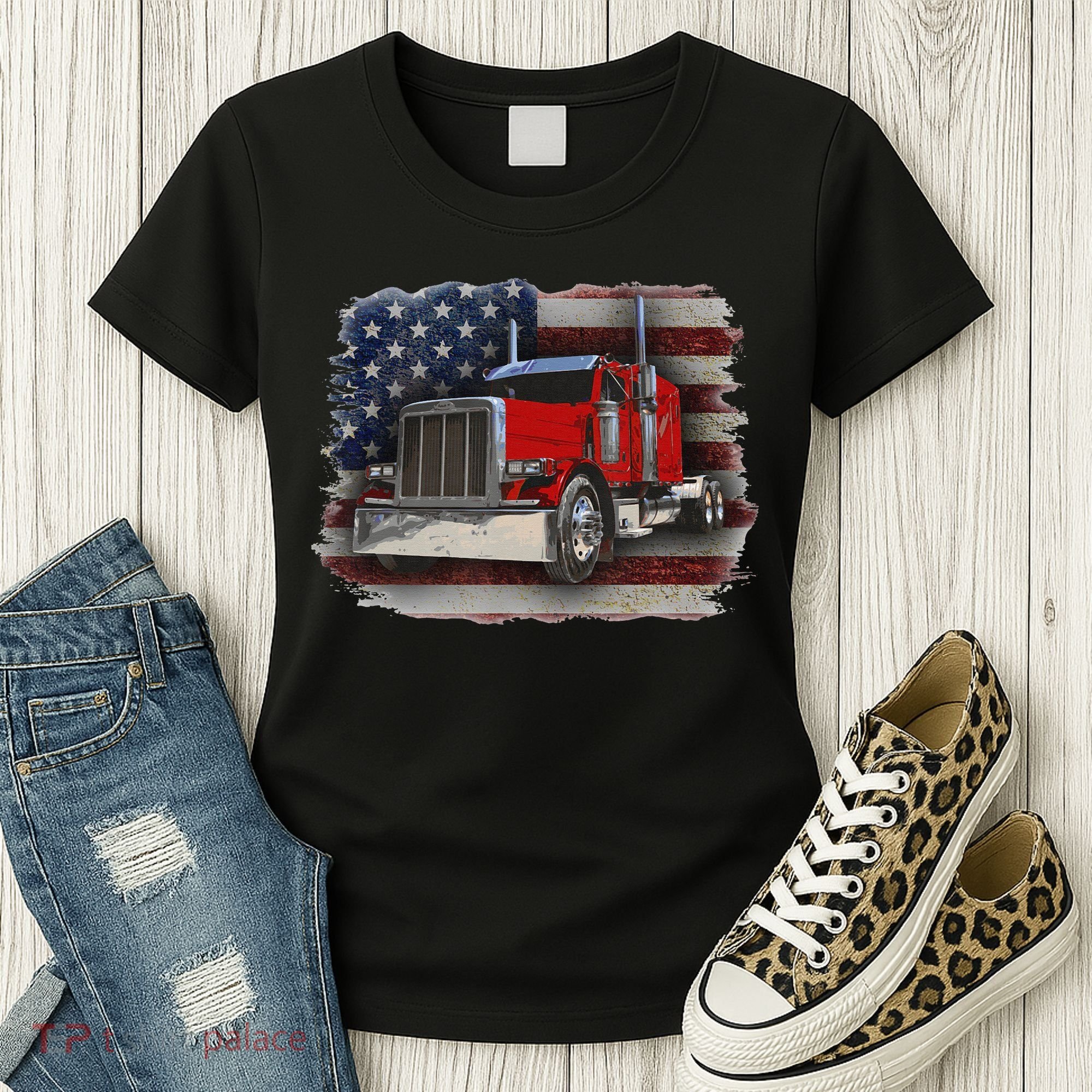 Funny Trucker  with American Flag and Big Rig Women's T-Shirt