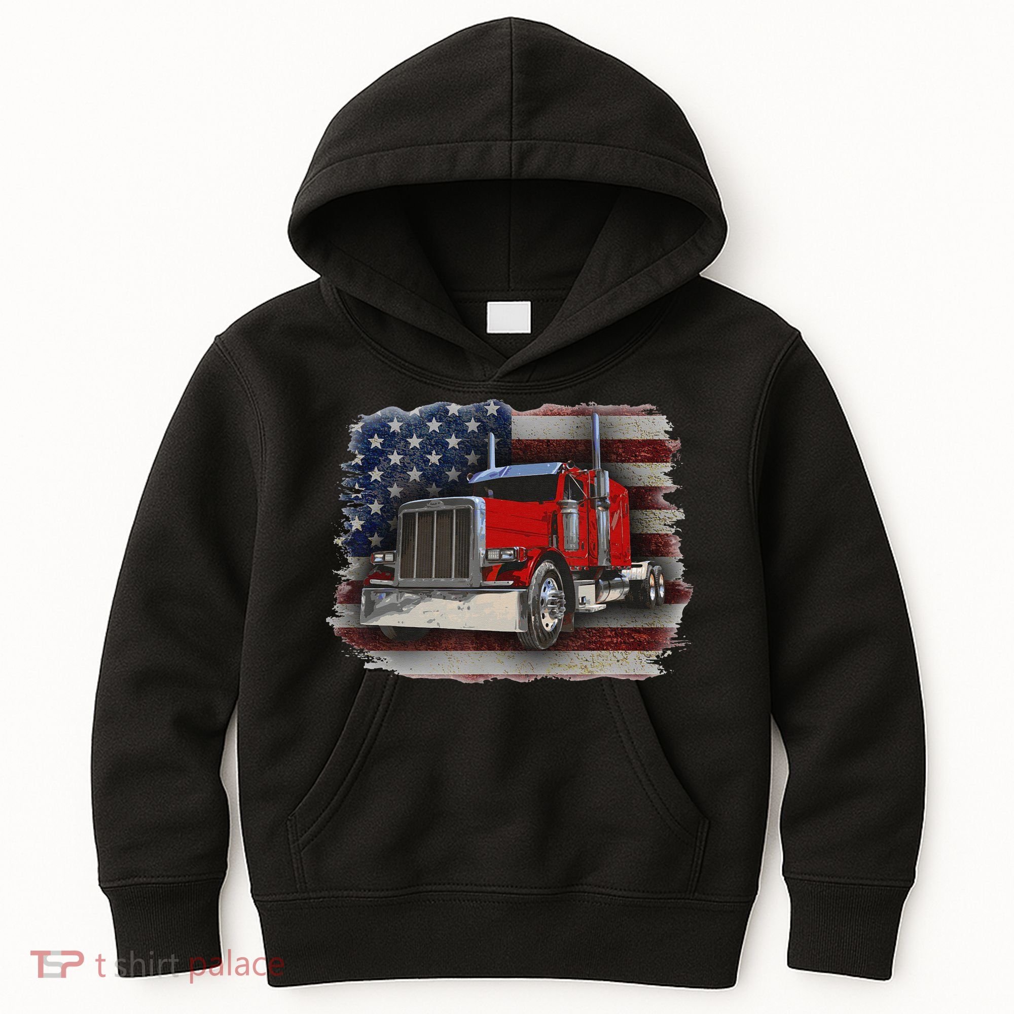Funny Trucker  with American Flag and Big Rig Kids Hoodie