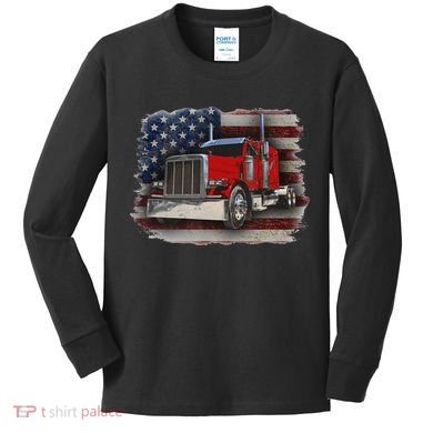Funny Trucker  with American Flag and Big Rig Kids Long Sleeve Shirt