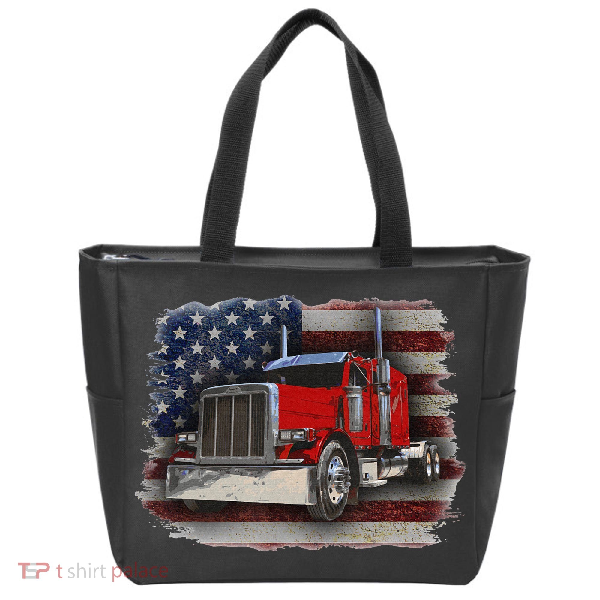 Funny Trucker  with American Flag and Big Rig Tote Bag