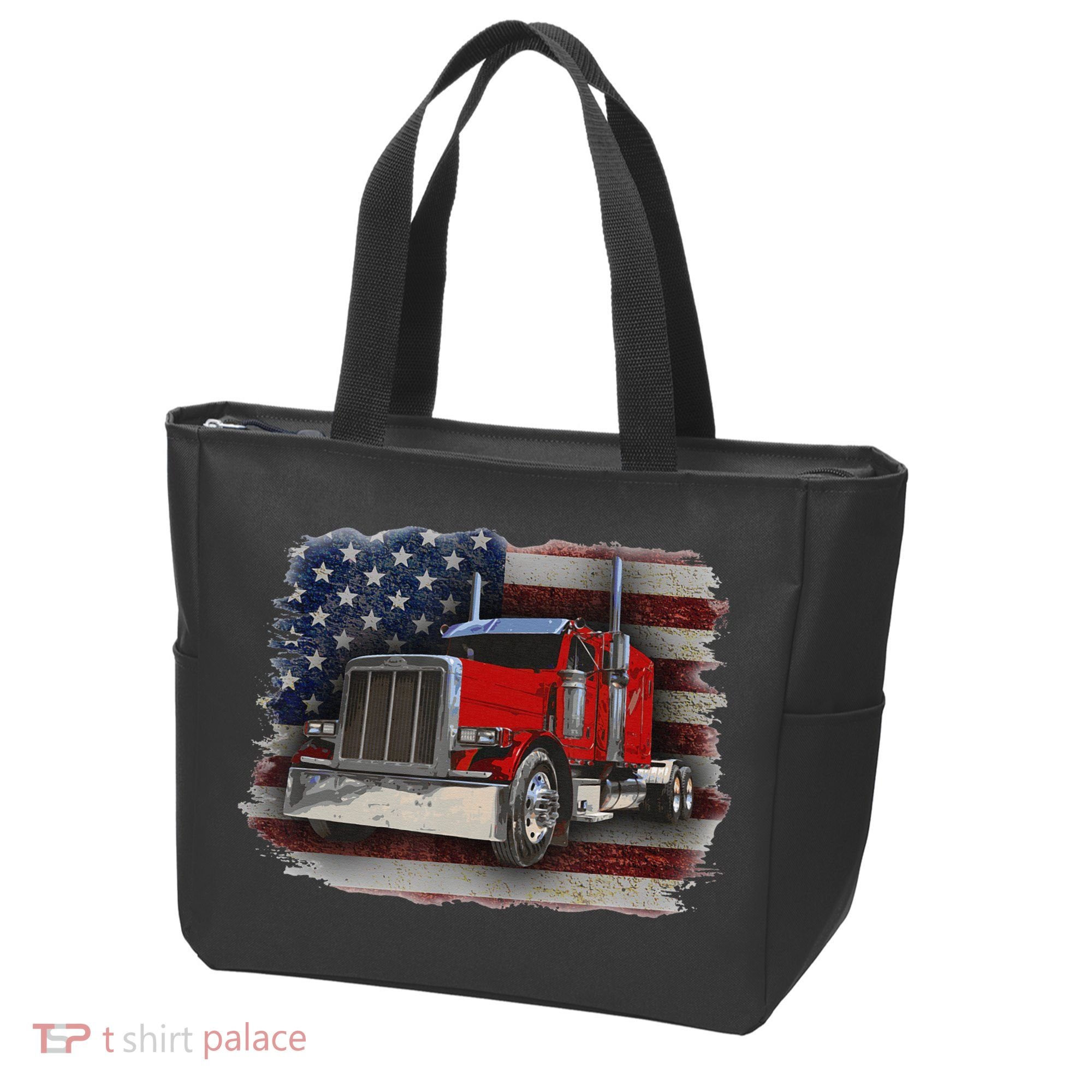 Funny Trucker  with American Flag and Big Rig Tote Bag