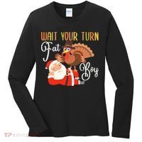 Funny Thanksgiving Wait Your Turn Fat Boy Turkey Santa Women's Long Sleeve Shirt thumb 0