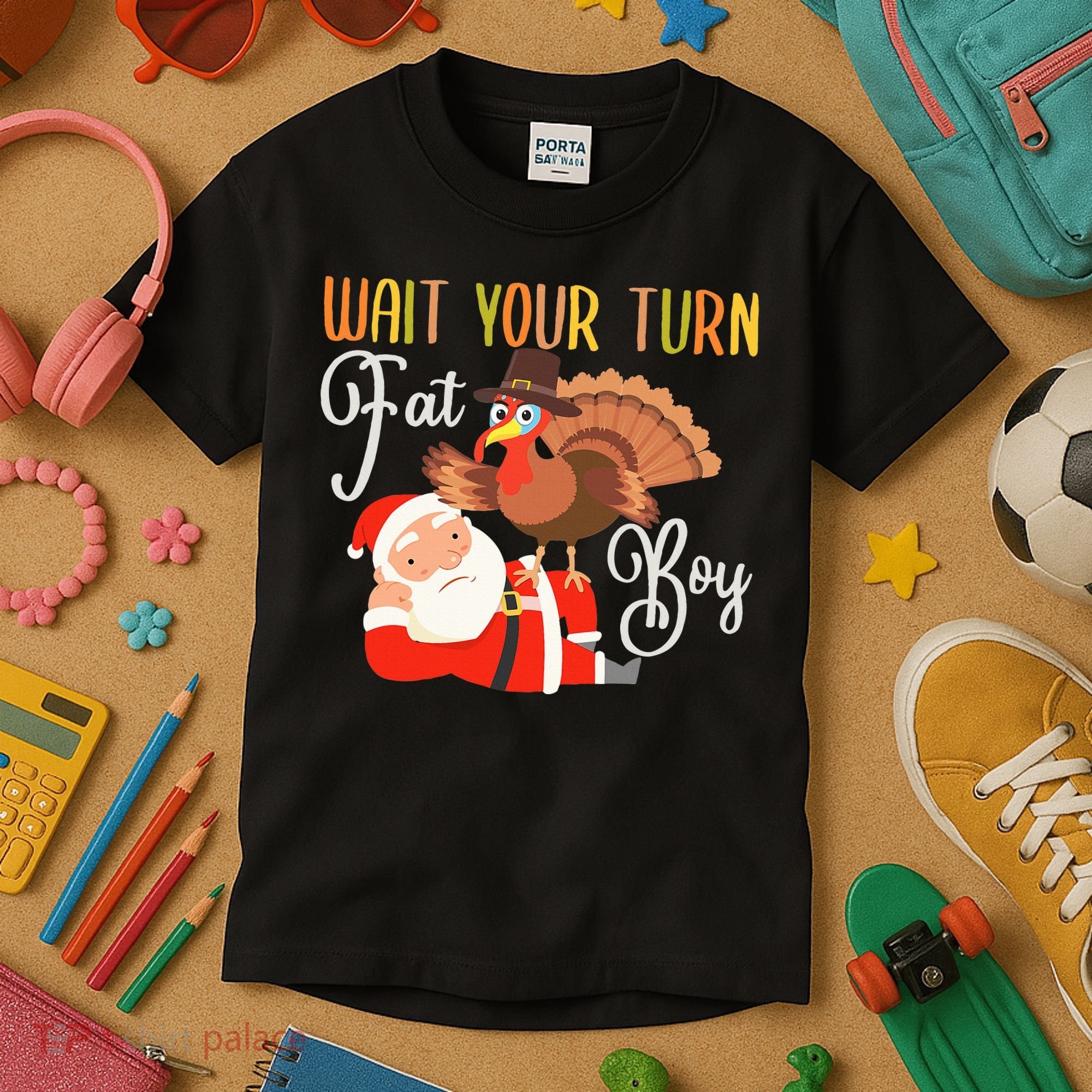 Funny Thanksgiving Wait Your Turn Fat Boy Turkey Santa Kids T-Shirt