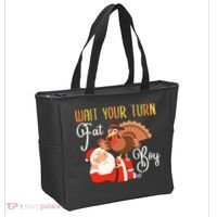Funny Thanksgiving Wait Your Turn Fat Boy Turkey Santa Tote Bag thumb 2