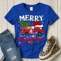 Fire Truck Xmas Tree Fire Firefighter Merry Christmas Gift Women's T-Shirt thumb 3