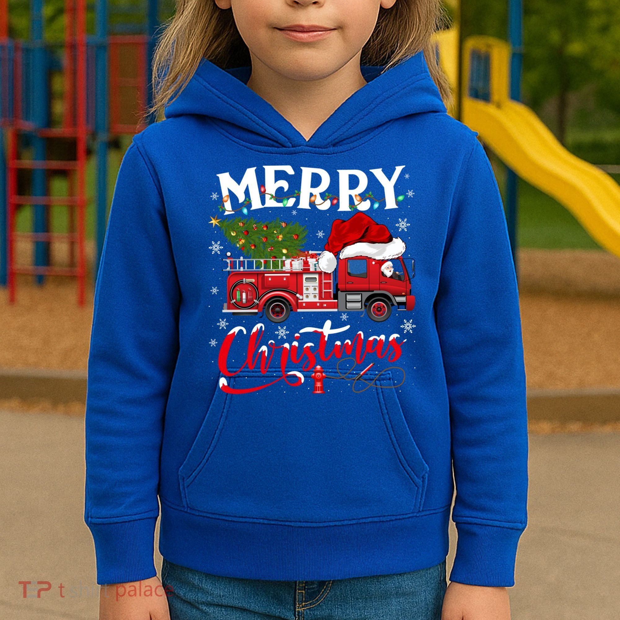 Fire Truck Xmas Tree Fire Firefighter Merry Christmas Gift Kids Hoodie