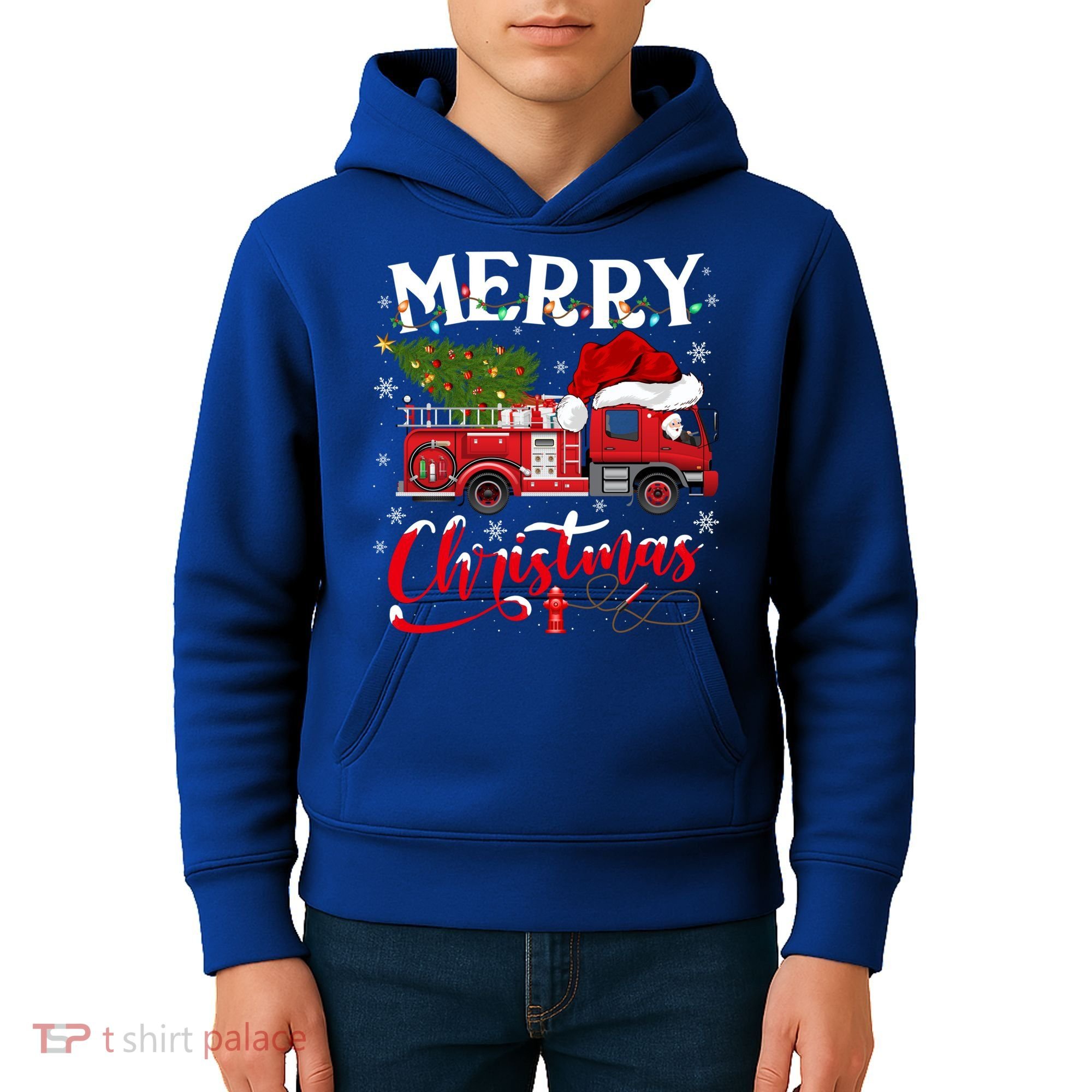 Fire Truck Xmas Tree Fire Firefighter Merry Christmas Gift Kids Hoodie