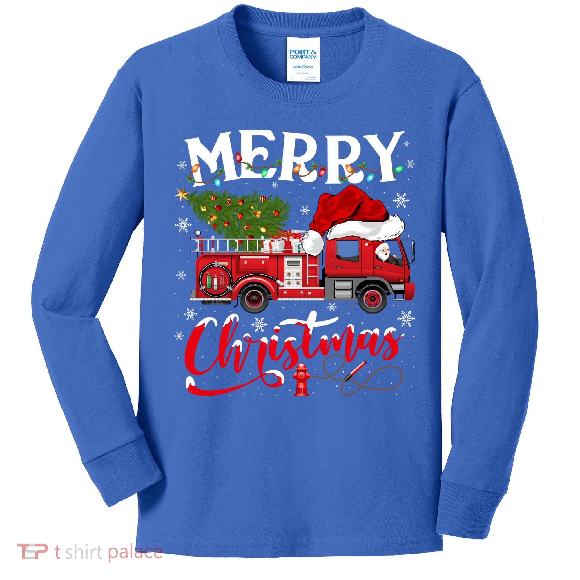 Fire Truck Xmas Tree Fire Firefighter Merry Christmas Gift Kids Long Sleeve Shirt