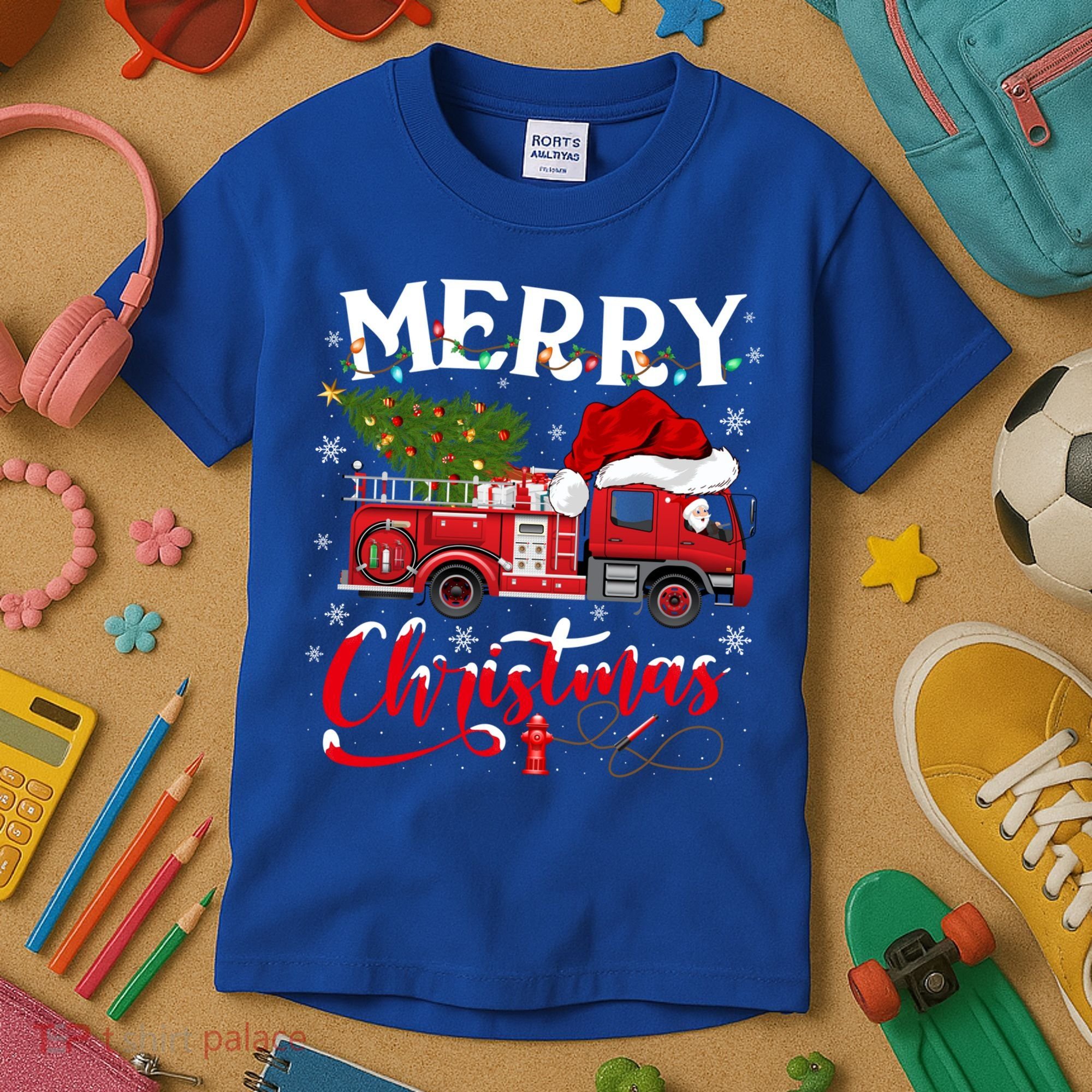 Fire Truck Xmas Tree Fire Firefighter Merry Christmas Gift Kids T-Shirt