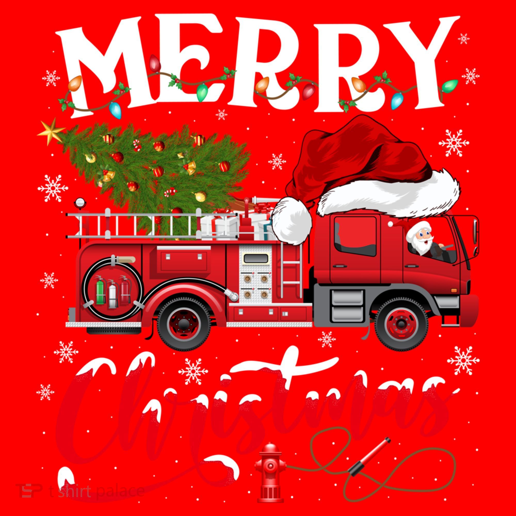 Fire Truck Xmas Tree Fire Firefighter Merry Christmas Gift Santa Hat