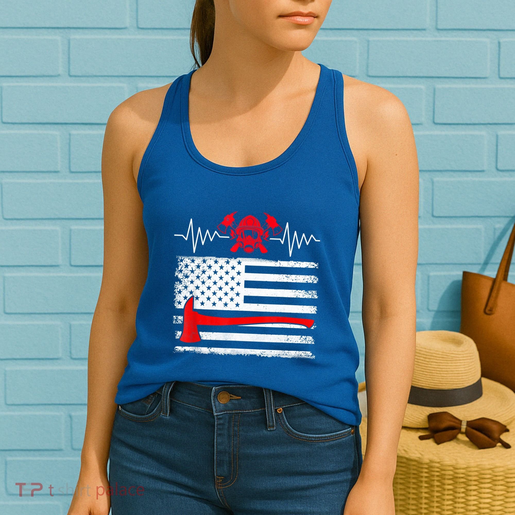 Firefighter Usa American Flag With Wildland Firefighter Hero Cute Gift Women's Tank Top