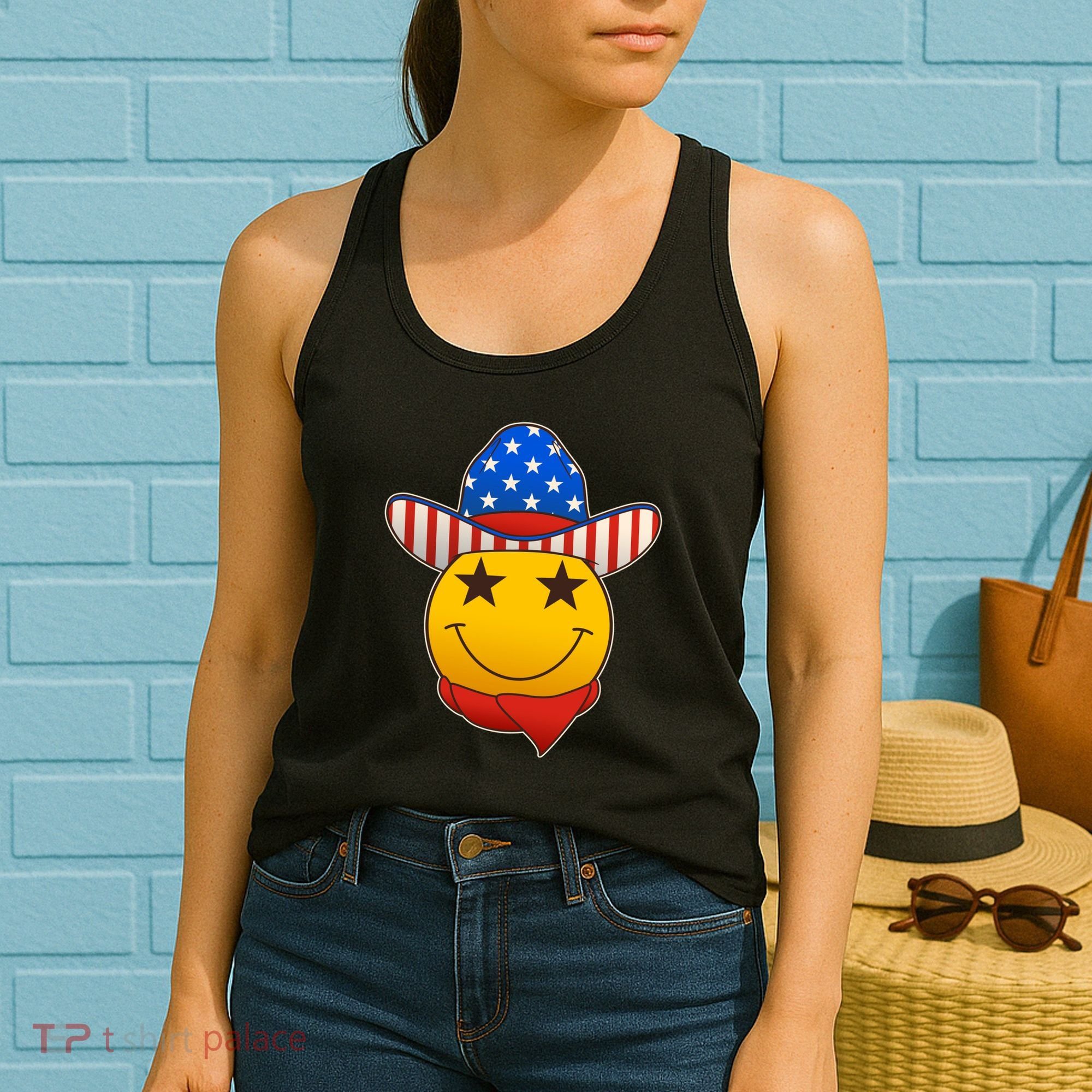 Funny USA American Flag Cowboy Smiley Emoji Women's Tank Top