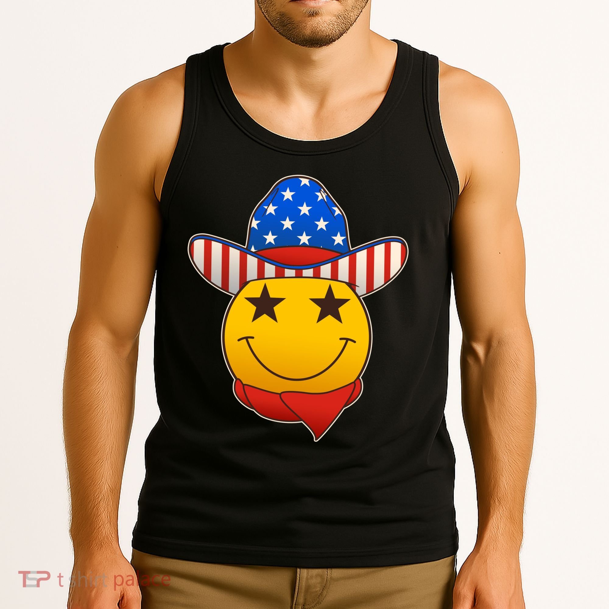 Funny USA American Flag Cowboy Smiley Emoji Tank Top